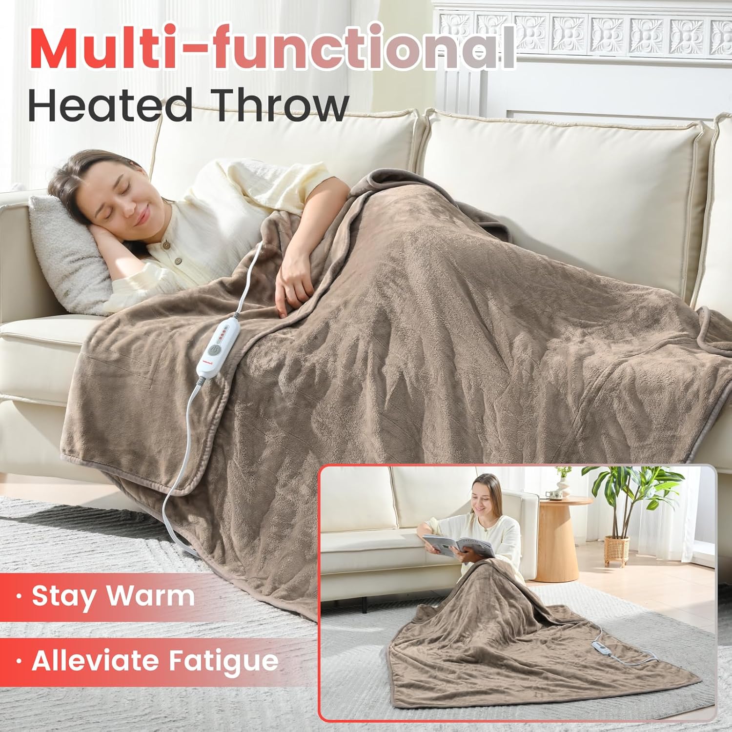 Sunable Heated Throw Blanket - 4 Heat Settings 50x60 Inches Velvet Machine Washable