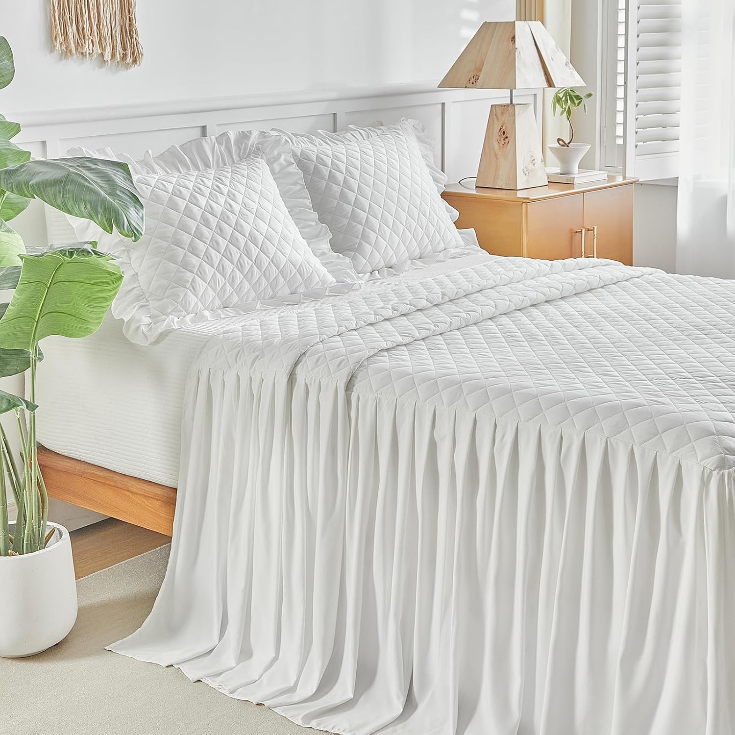 UOZZI BEDDING Ruffle Skirt Bedspread Set Queen Size White