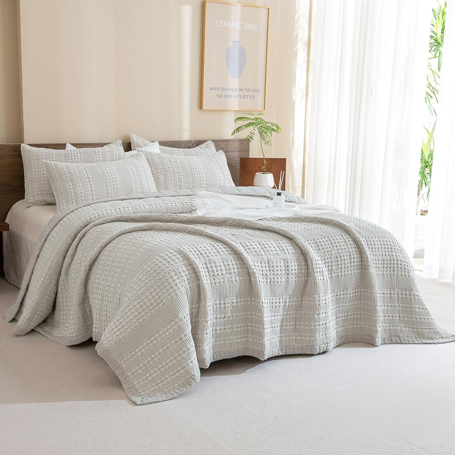 Sanracie 100 Cotton Oversized Queen Bedspread Set Khaki Waffle Weave 1