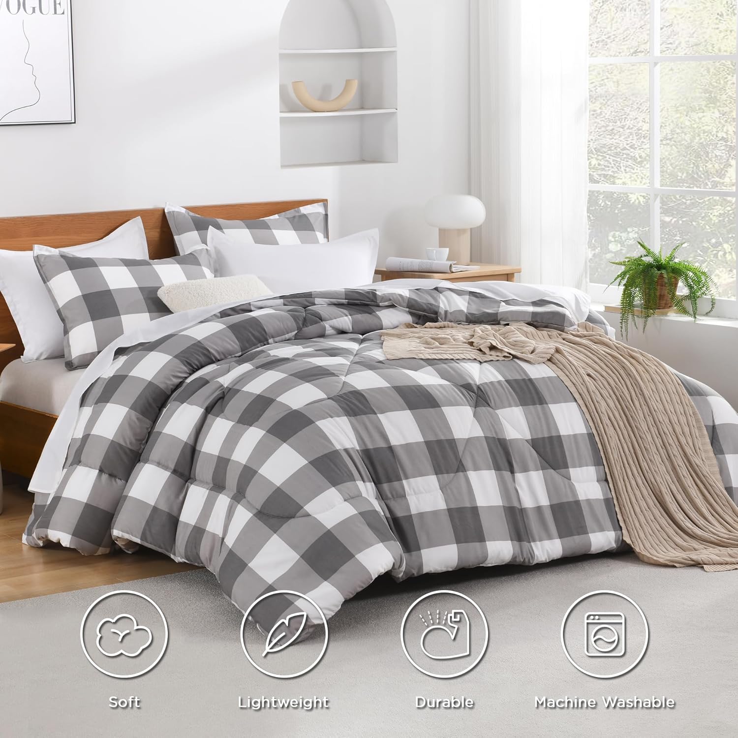 Andency Grey Queen Plaid Comforter Set 3 Piece