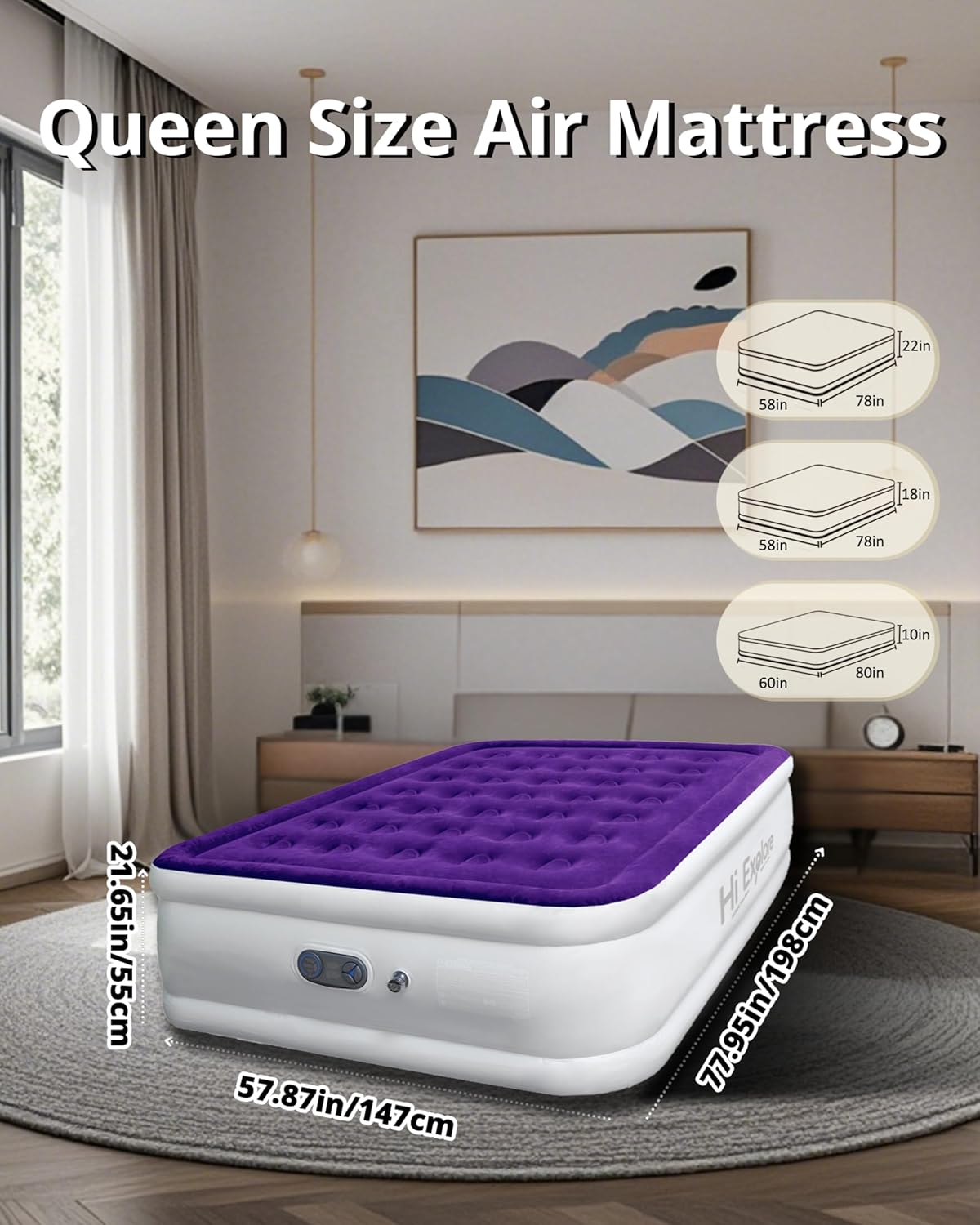 Hi Explore Air Mattress Queen with Built in Pump