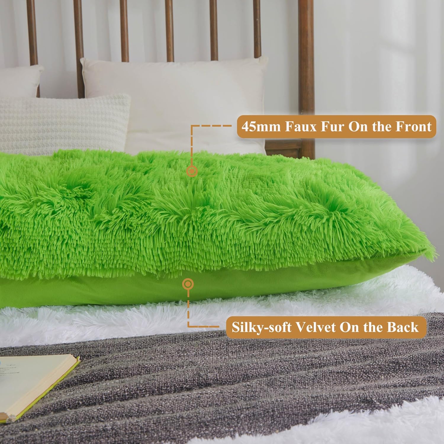 XeGe Faux Fur Body Pillow Cover 20x54 Lime Green with Zipper