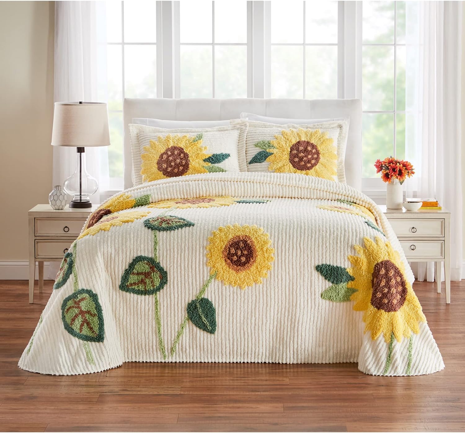 BrylaneHome Full Bedspread Cotton Bloom Chenille Floral Red Multi