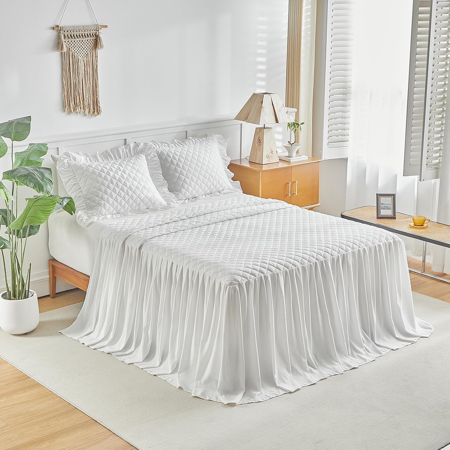 UOZZI BEDDING Ruffle Skirt Bedspread Set Queen Size White