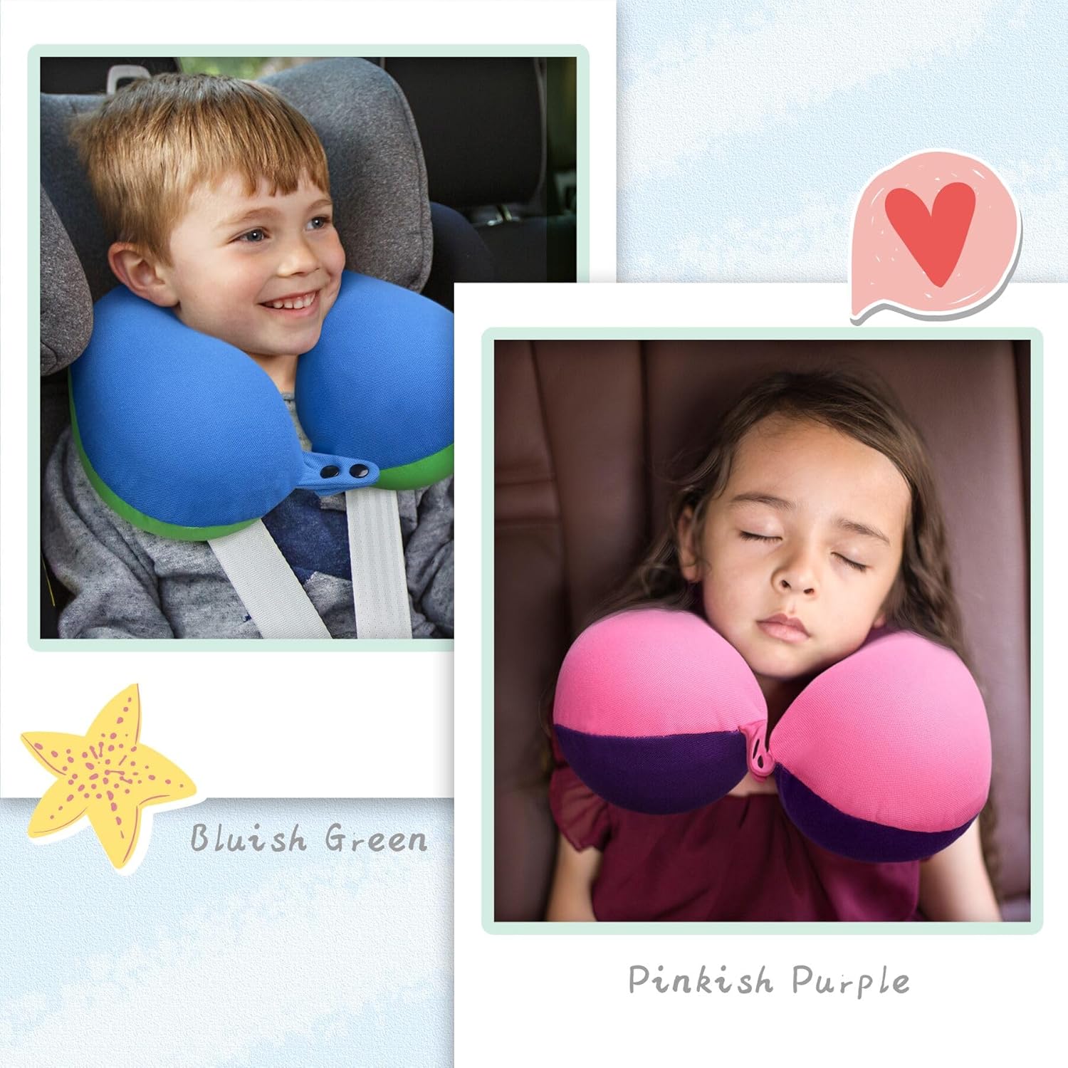 COOLBEBE Kids Travel Neck Pillow 2PCS Blue Green Pink Purple