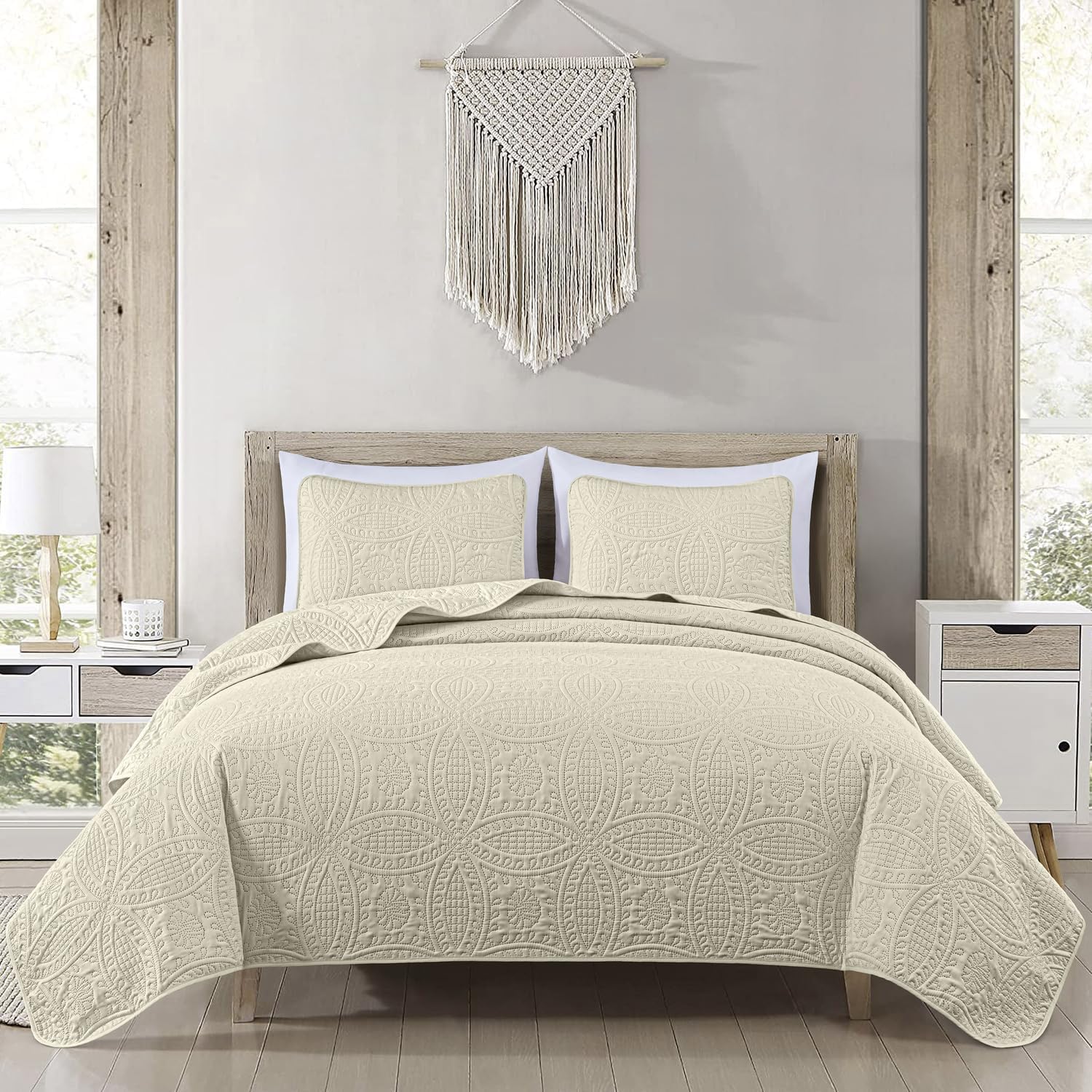 Chezmoi Austin 3-Piece Oversized Bedspread Set King Ivory