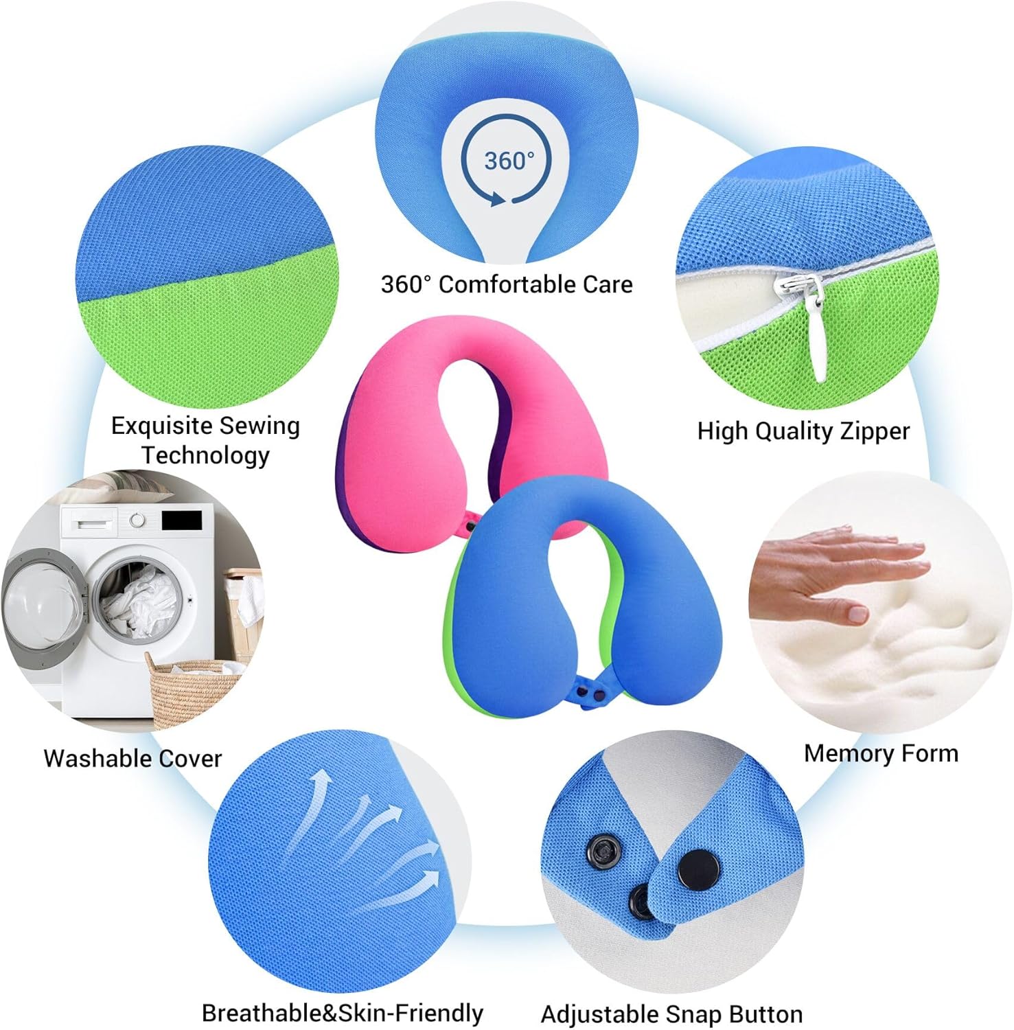 COOLBEBE Kids Travel Neck Pillow 2PCS Blue Green Pink Purple