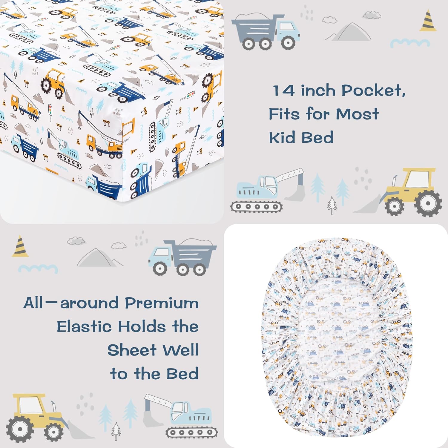 Kids Twin Sheet Set 3 Pcs Blue Excavator Car Pattern