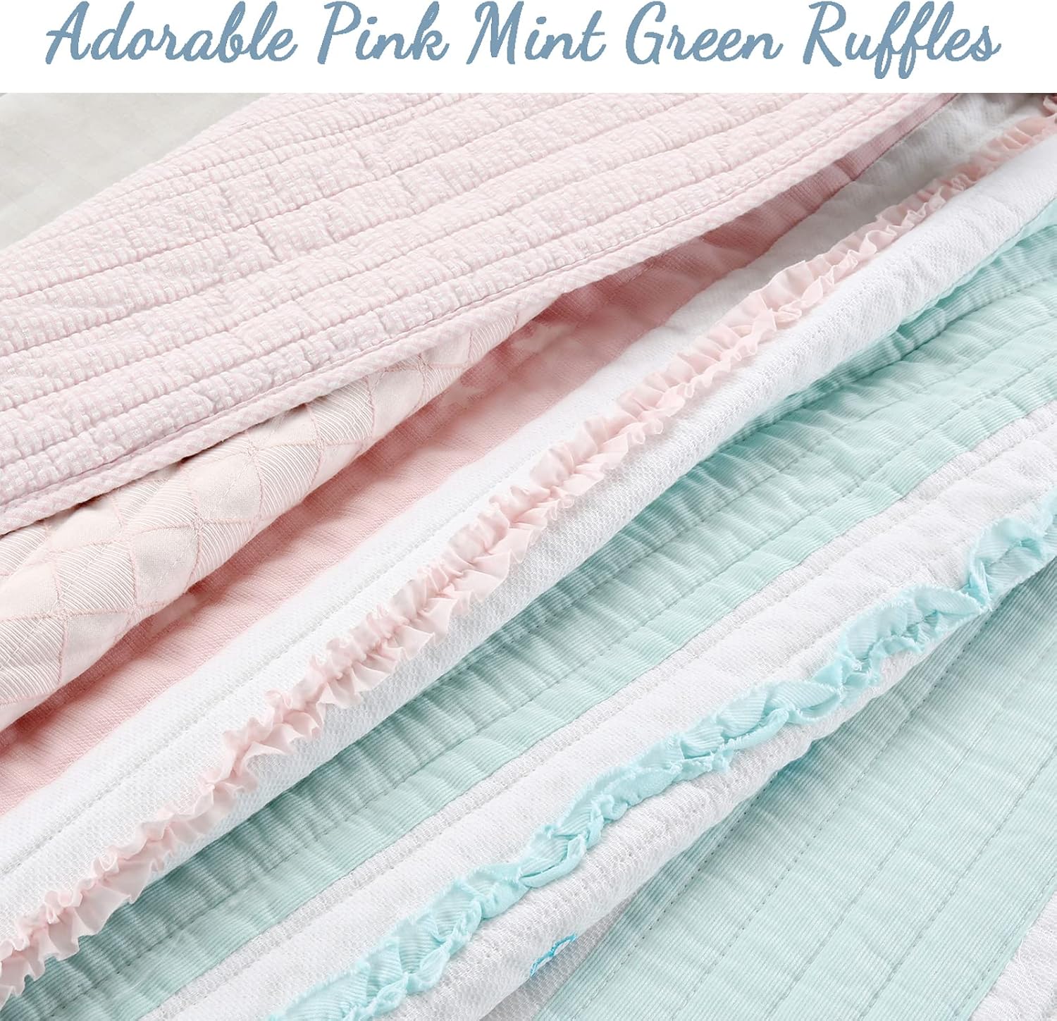 Cozy Line Light Pink Blue Ruffles Quilt Bedding Set 3 Piece