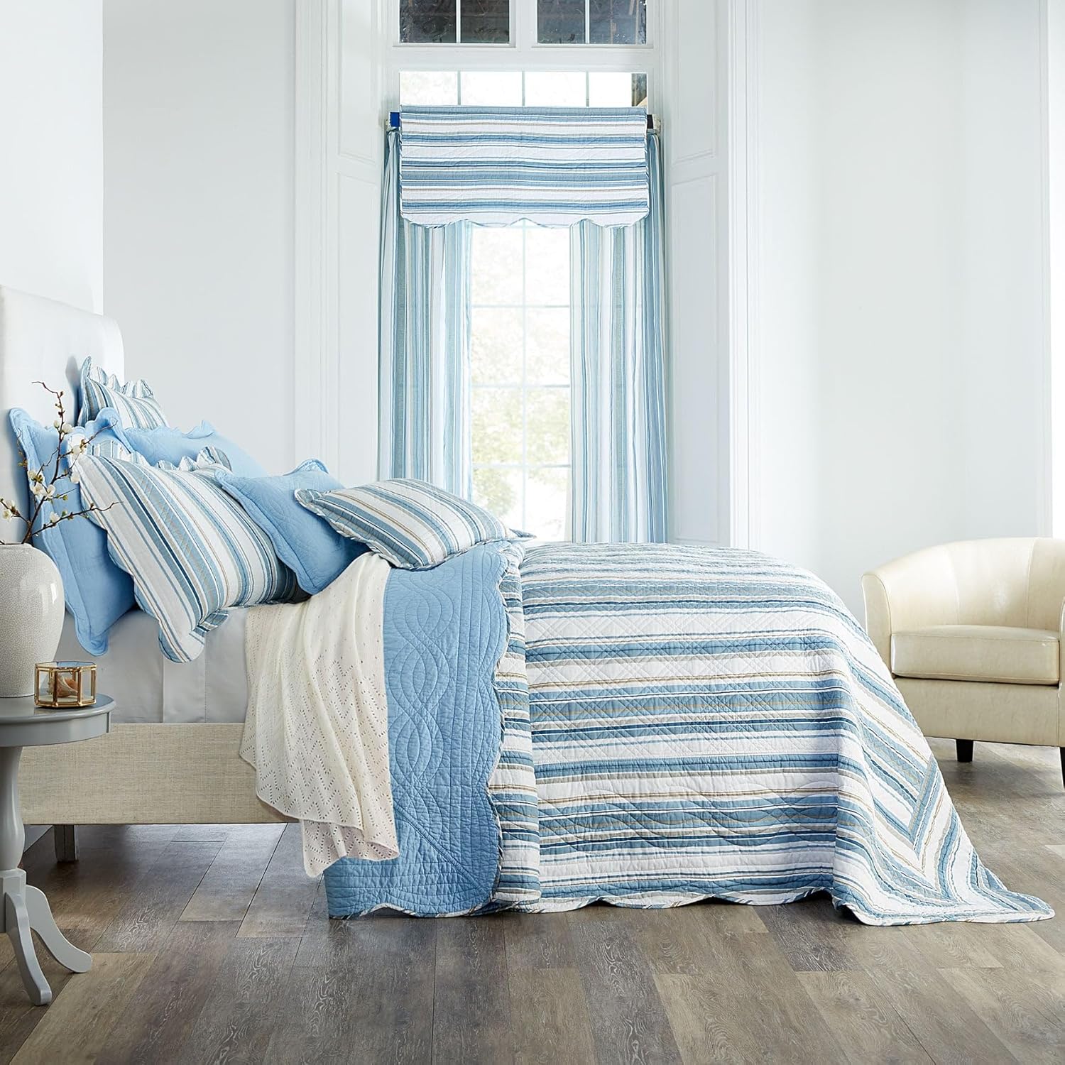 BrylaneHome Bedding Soft 100 Cotton Bedspread - King Blue Stripe
