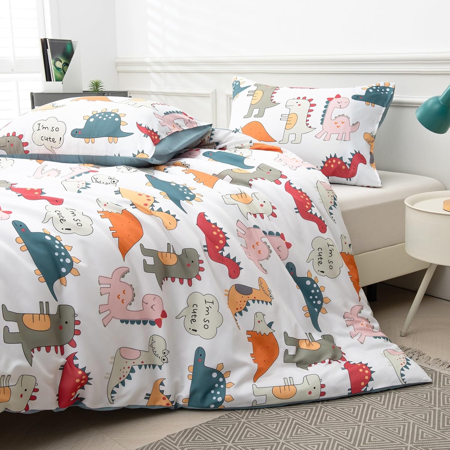 JYhoney Dinosaur Duvet Cover Set Queen 3pcs Reversible Blue Bedding