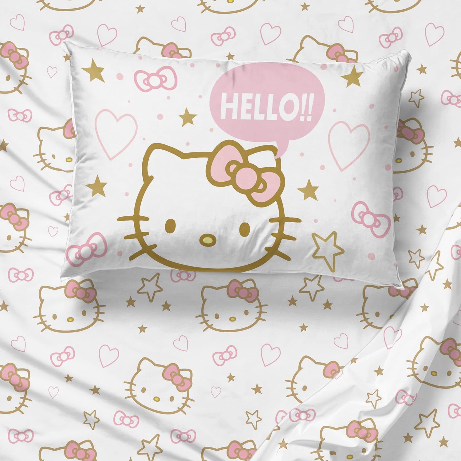 Jay Franco Hello Kitty Queen Sheet Set - 4 Piece Microfiber Stars Hearts Bedding