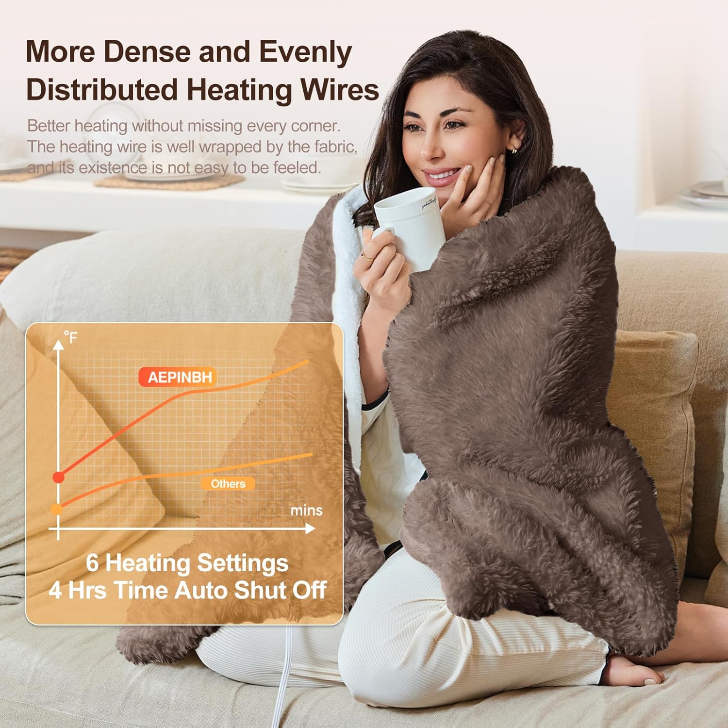 AEPINBH Heated Blanket - 6 Levels 4 Hours Auto Off Brown
