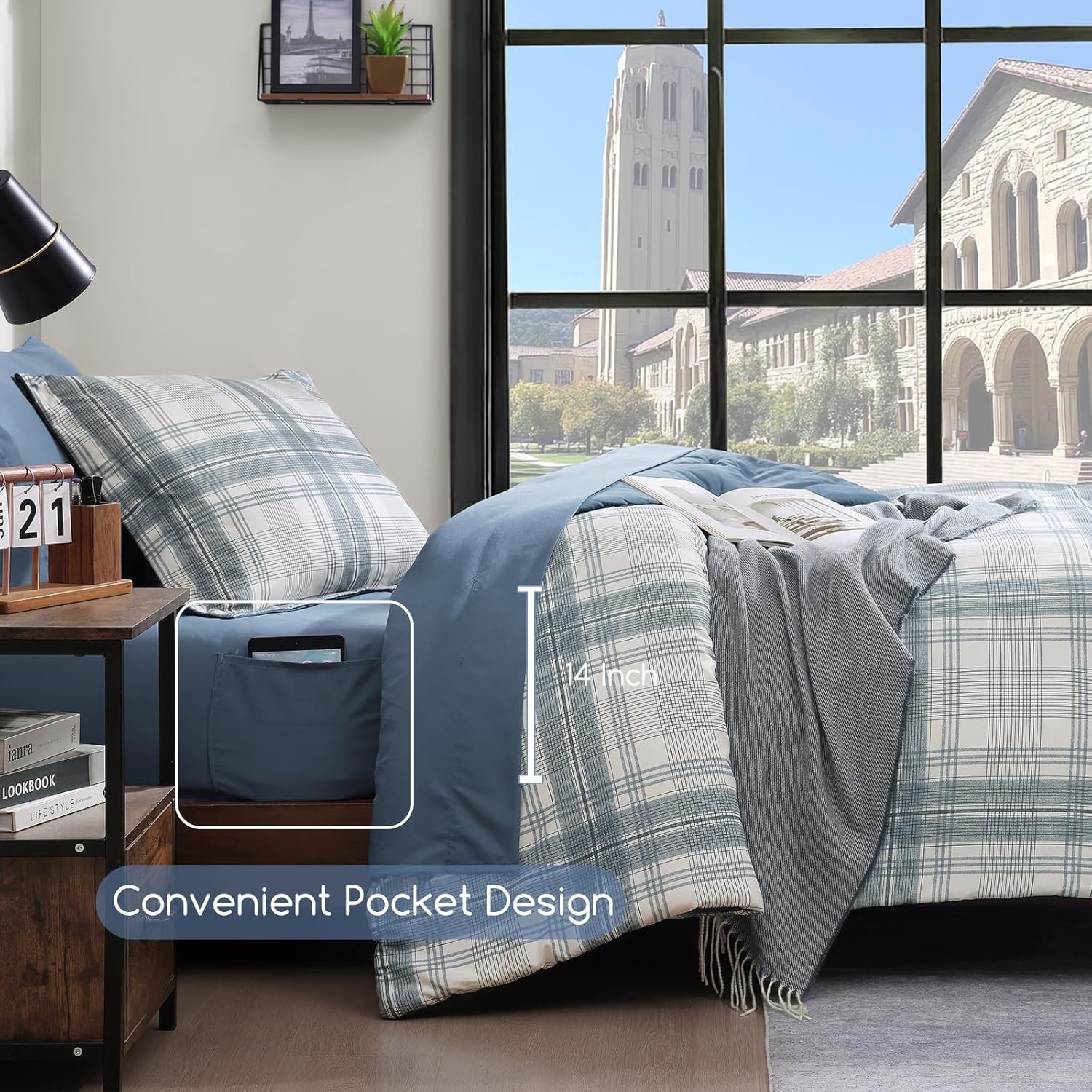 Blue Grey Plaid Twin XL Comforter Set Bed in a Bag