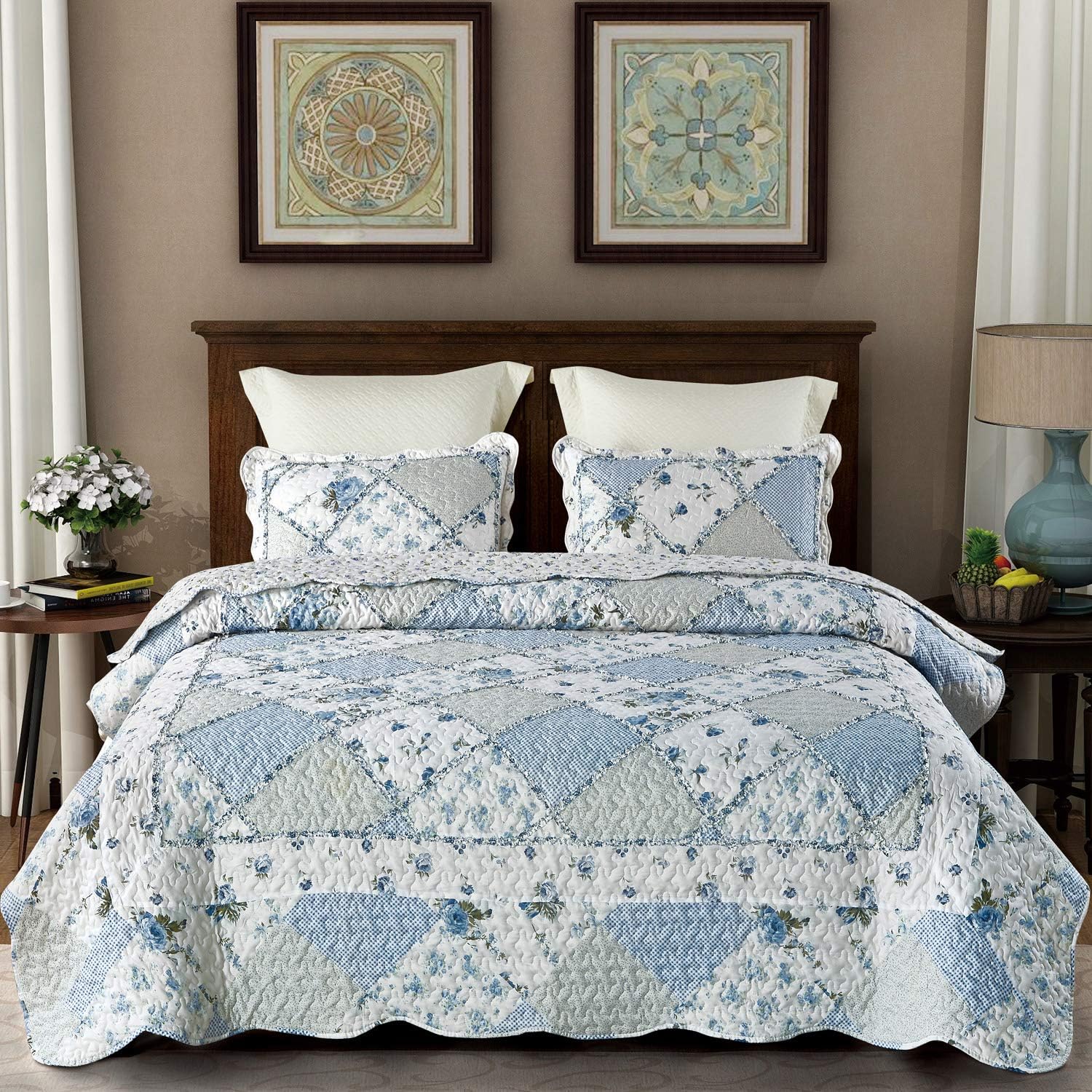 VIVILINEN Blue Floral Patchwork Quilt Set 1