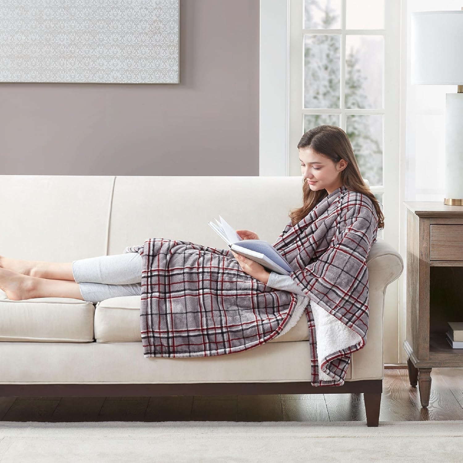 Degrees of Comfort Heated Sherpa Wrap Shawl - Reversible Grey Plaid