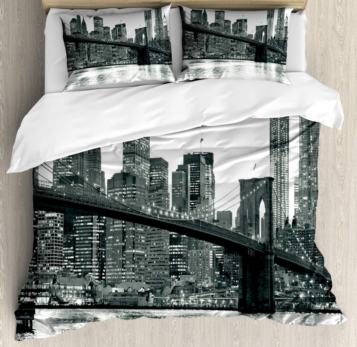 Ambesonne Queen Duvet Cover Set with Pillow Shams Brooklyn Bridge Sunset Image Monochrome