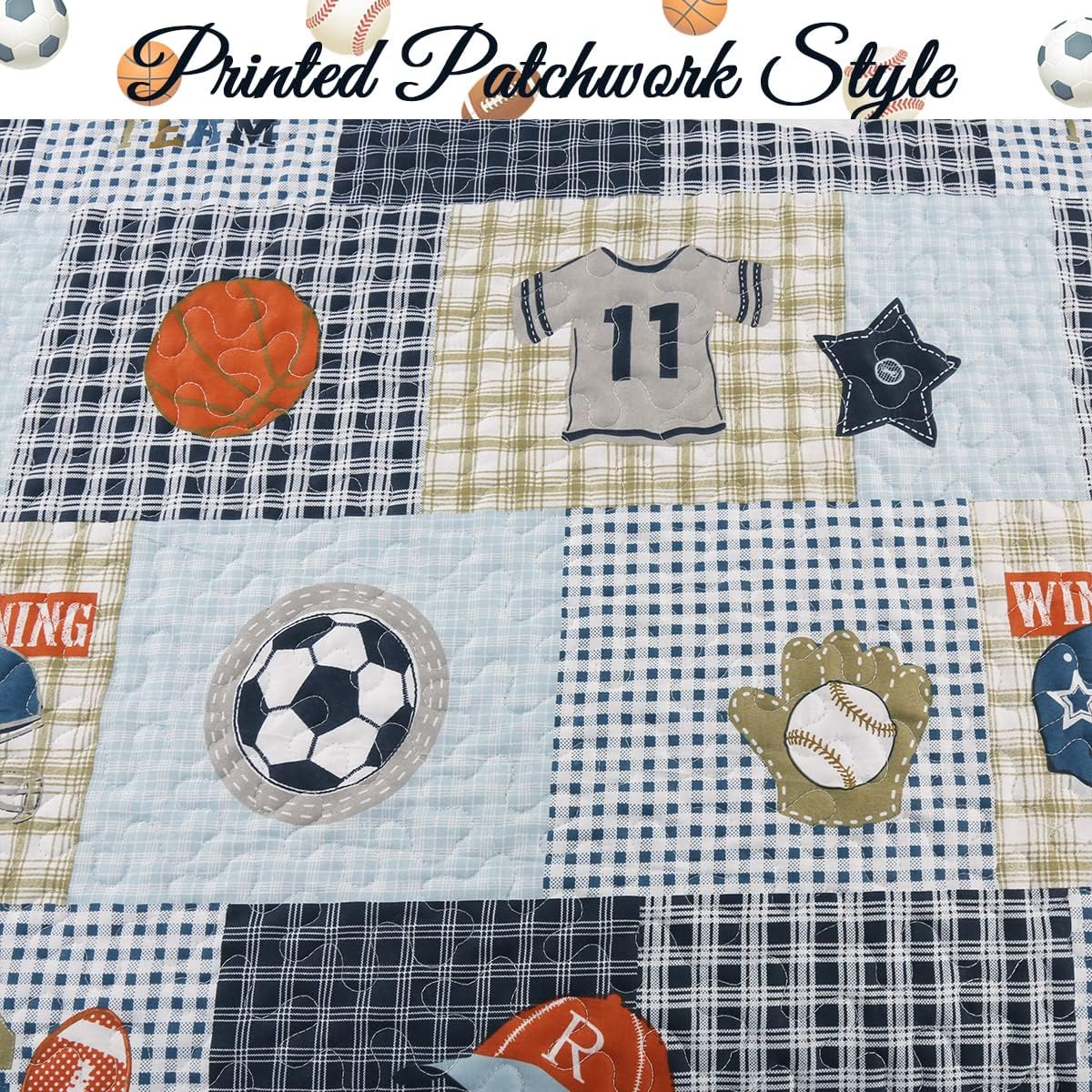Cozy Line Blue Sports Quilt Set for Boys Kids Queen