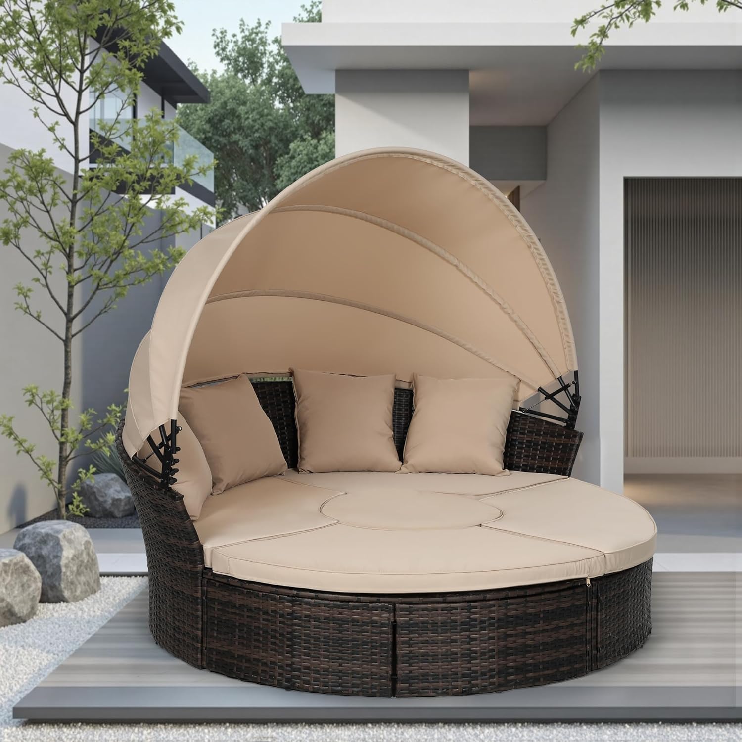 Incbruce Round Daybed with Retractable Canopy Black Wicker