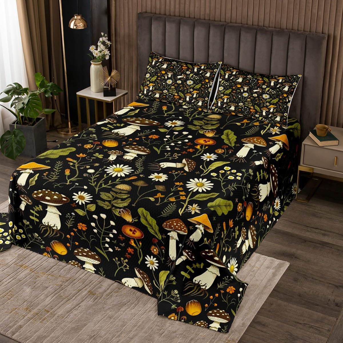 Feelyou Cute Mushroom Bedspread Kids Floral Pattern Quilted Coverlet Set