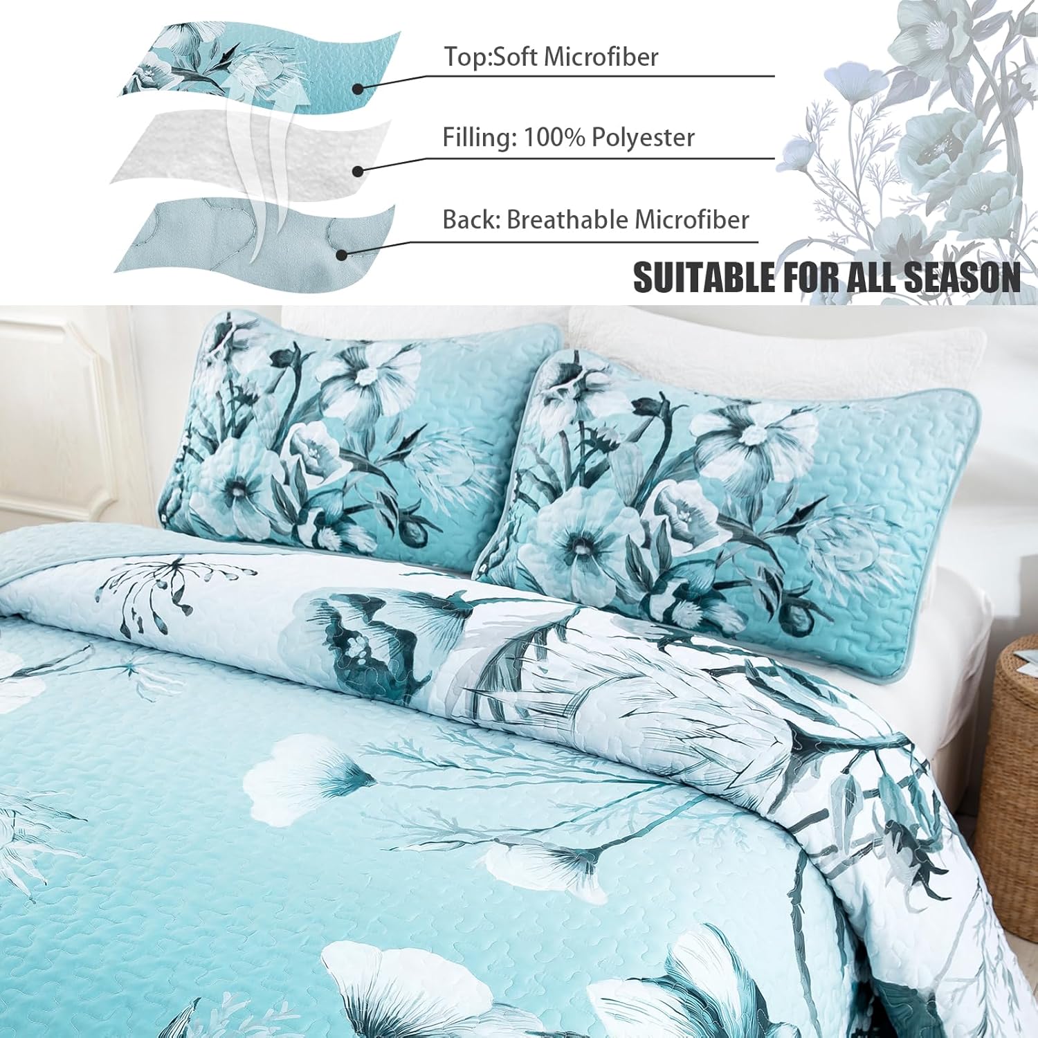 Drucon Blue Floral Quilt Set Queen 3 Pieces