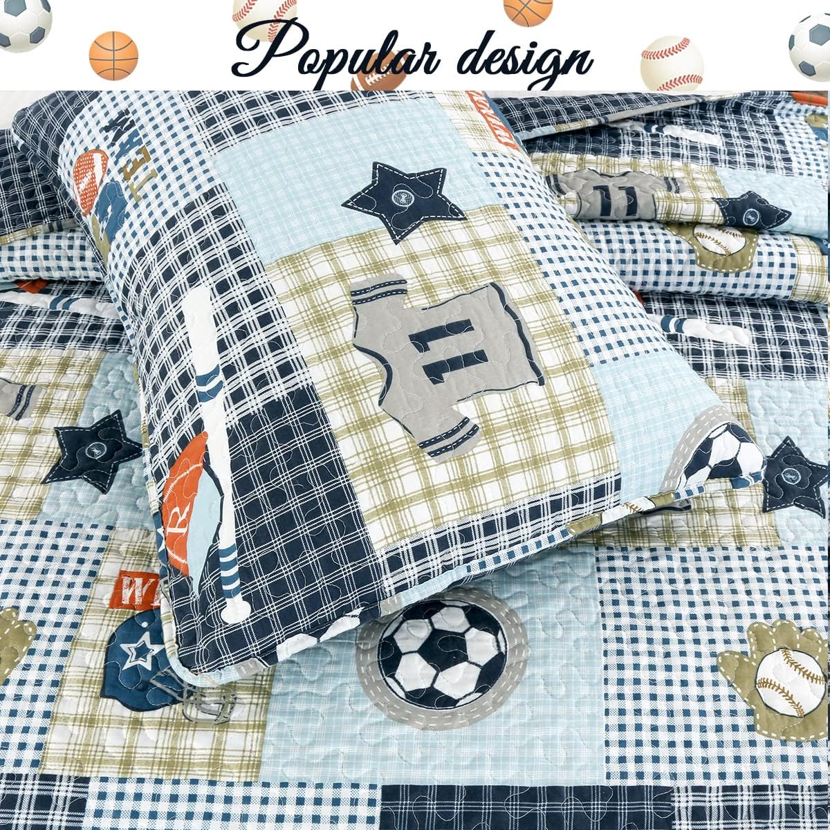 Cozy Line Blue Sports Quilt Set for Boys Kids Queen