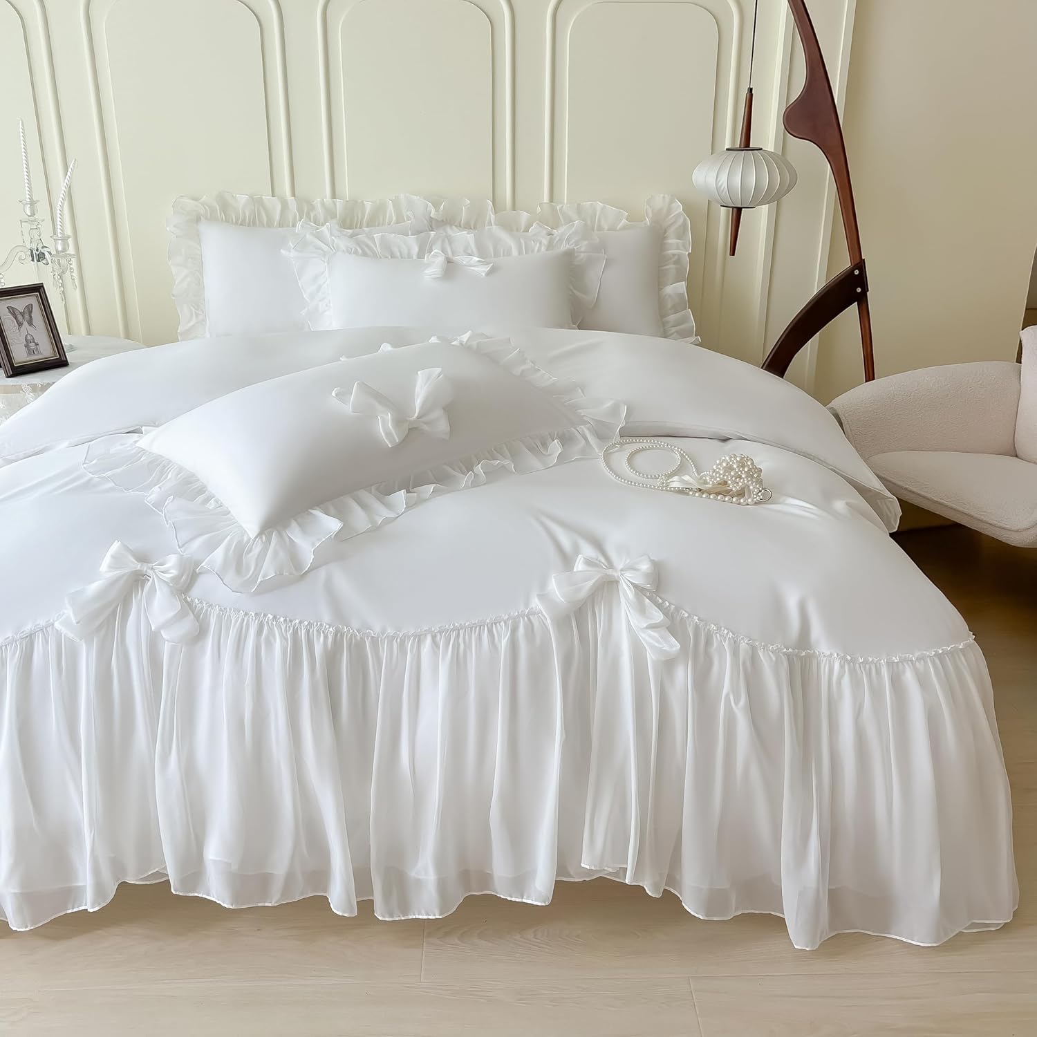 SOUKECHY Chic Lace Duvet Cover Set with Bow and Zipper - White Twin