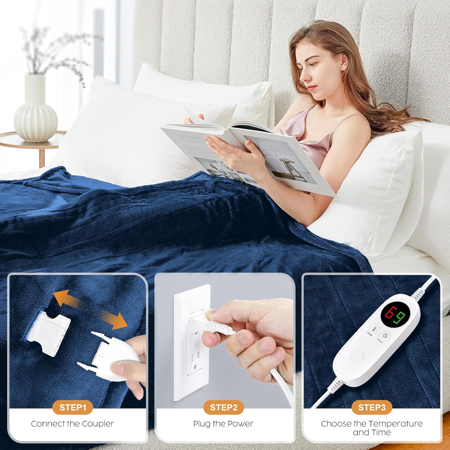 Hyleory Heated Blanket Throw 62 x 84 6 Level Warmth Navy Blue