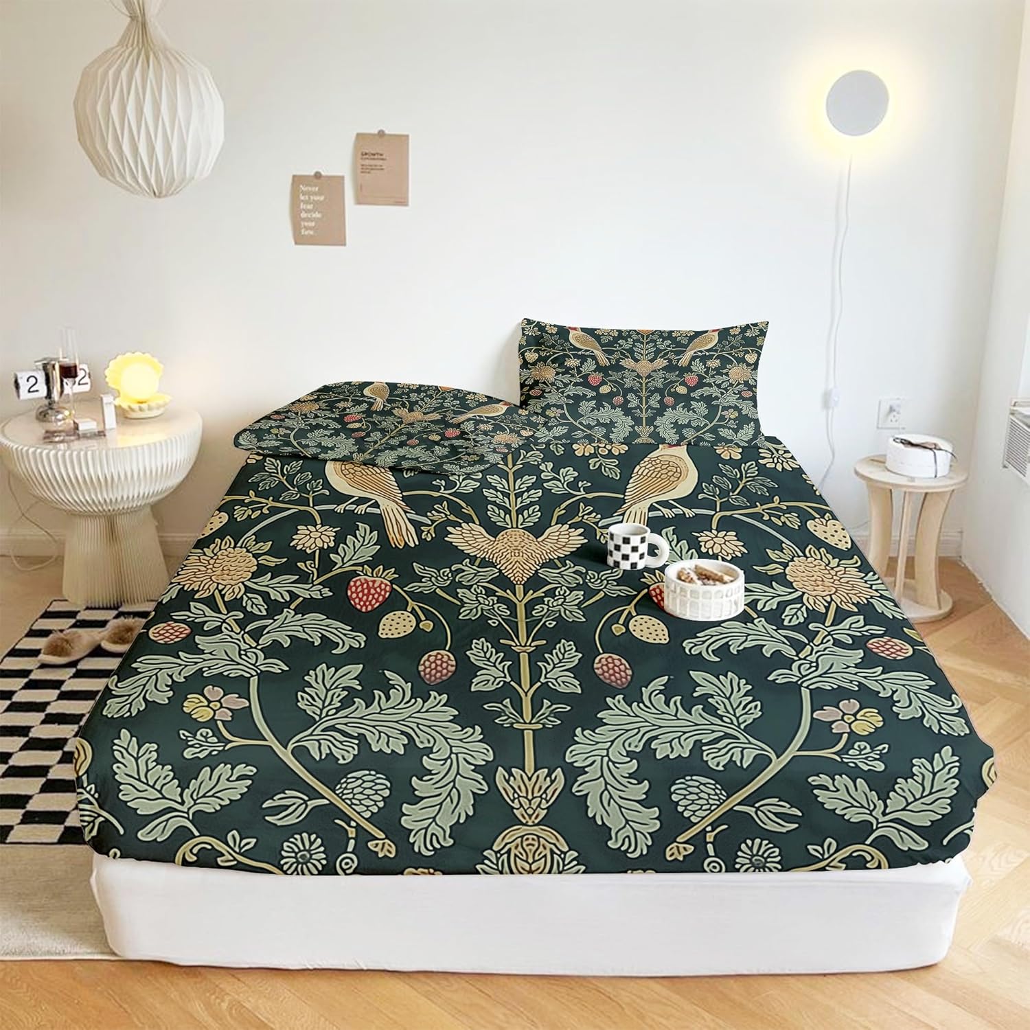 Queen Fitted Sheet Set 4 Piece Microfiber Soft William Morris Strawberry Thief