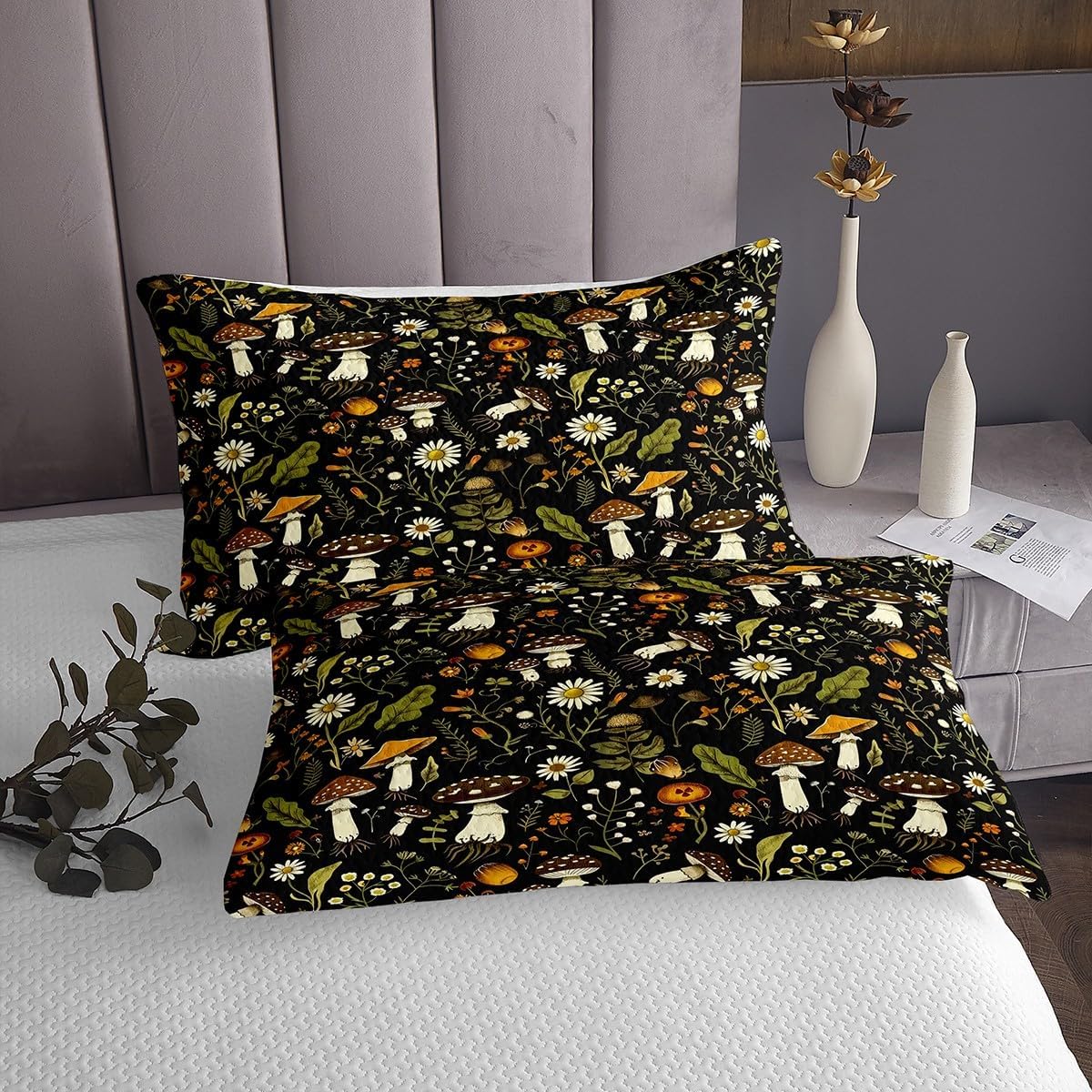 Feelyou Cute Mushroom Bedspread Kids Floral Pattern Quilted Coverlet Set