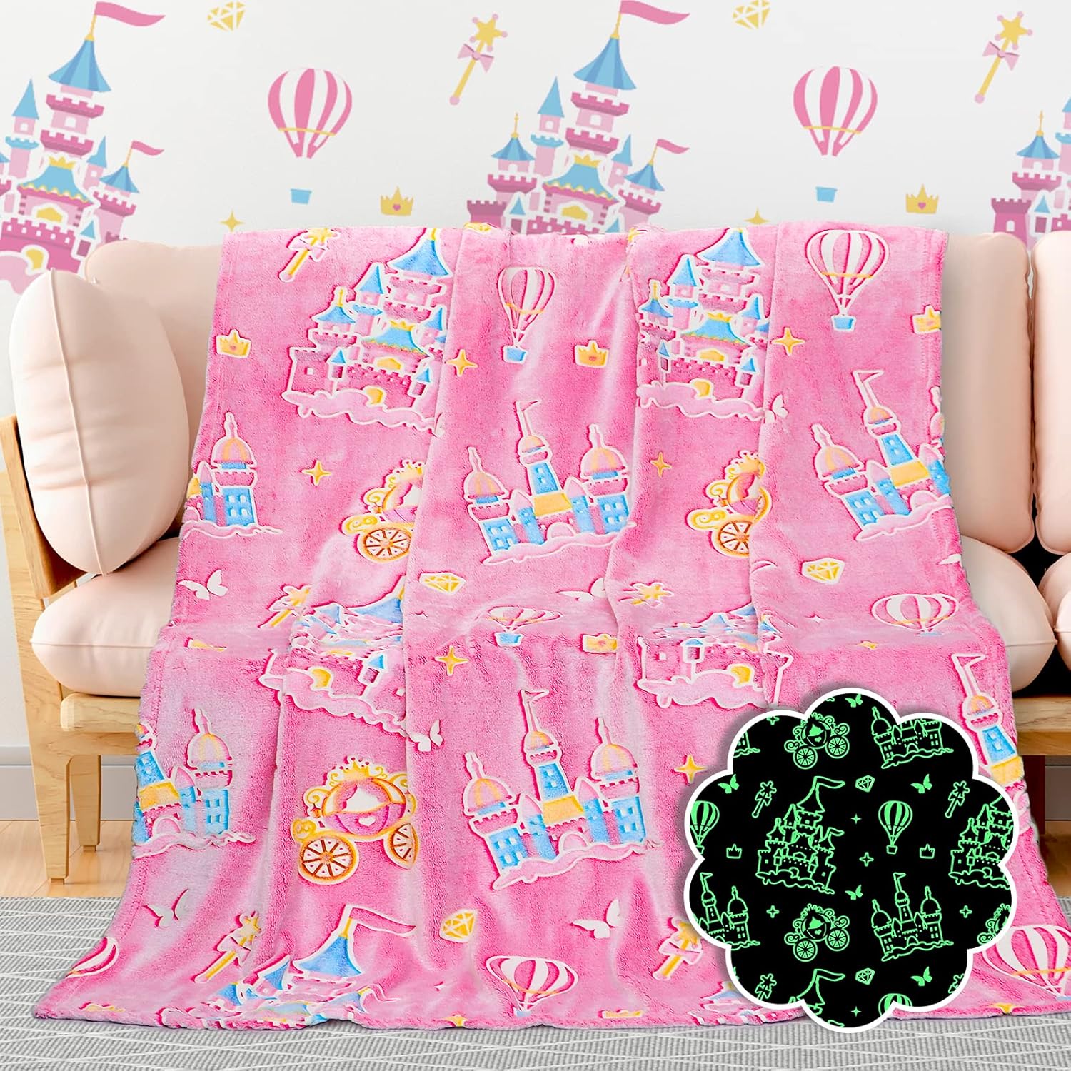 Princess Blanket for Girls - Glow in The Dark Pink Throw