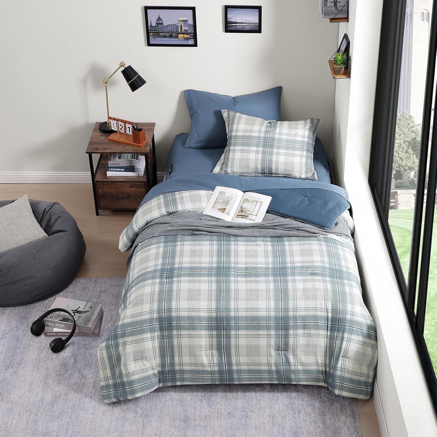 Blue Grey Plaid Twin XL Comforter Set Bed in a Bag