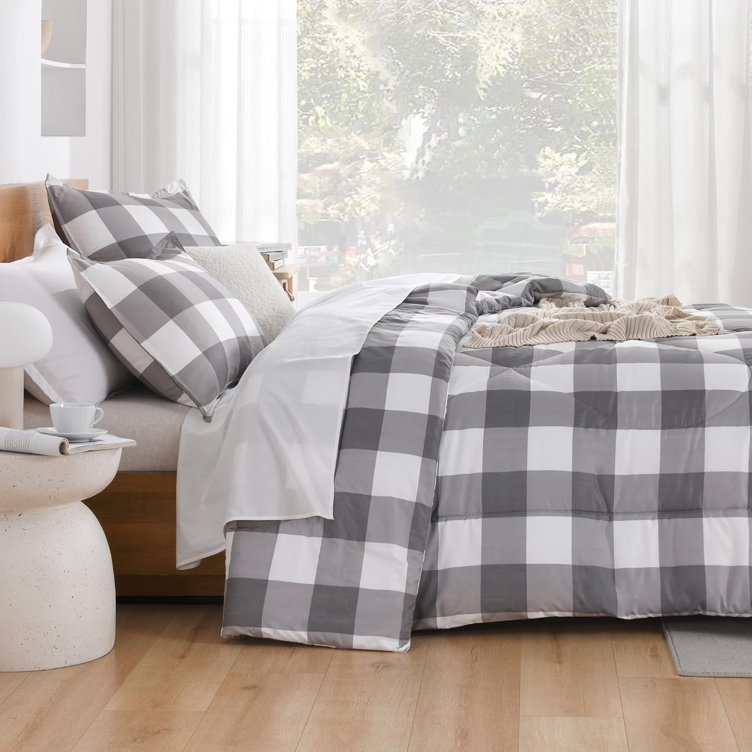 Andency Grey Queen Plaid Comforter Set 3 Piece