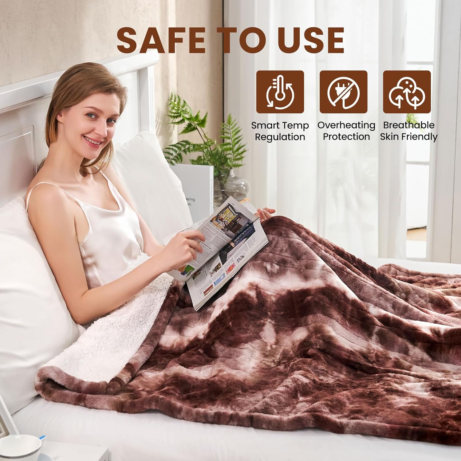 Electric Heated Blanket 50x60 Luxury White Coffee Faux Fur