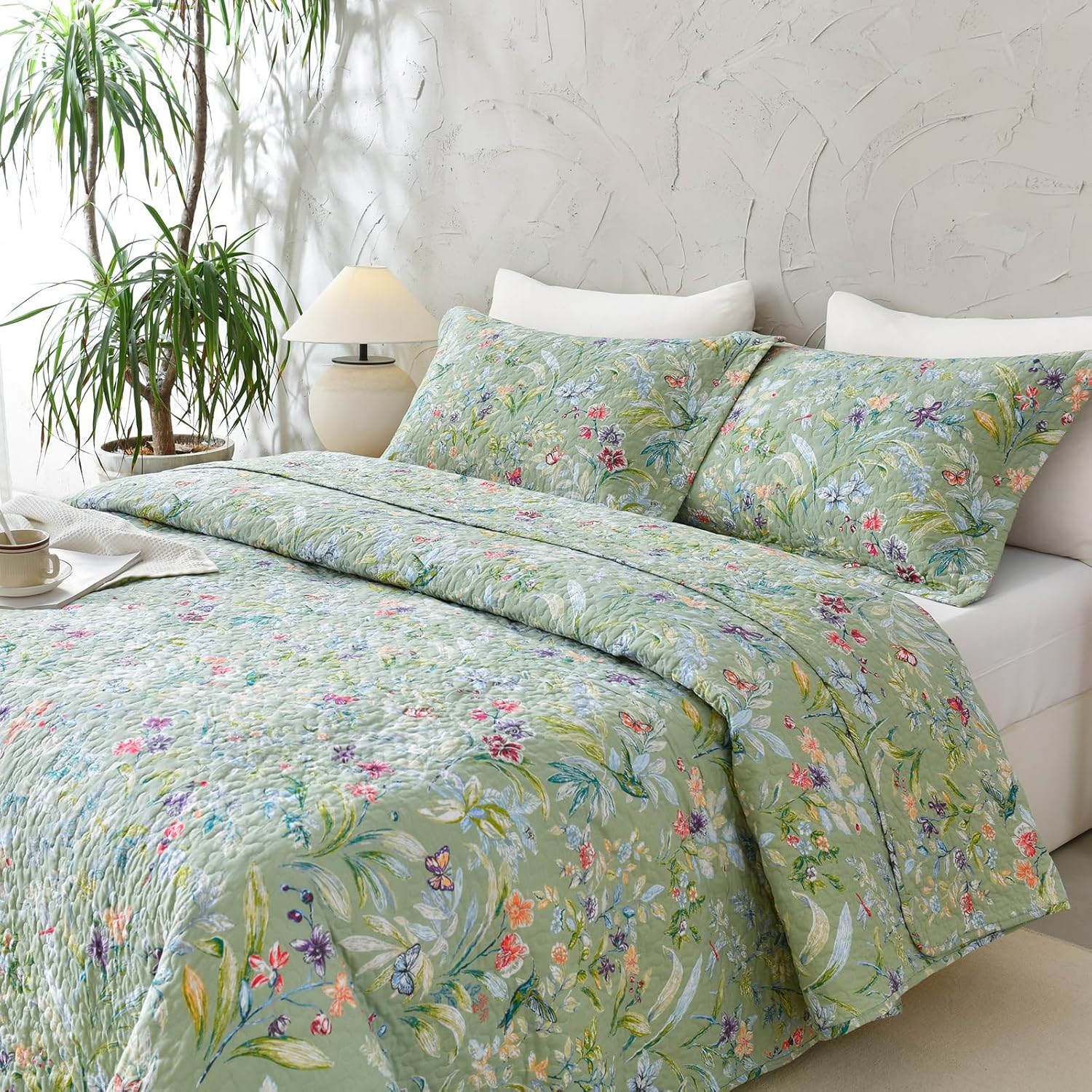 Sanracie Floral Quilt Set - 3pcs Cotton King Size