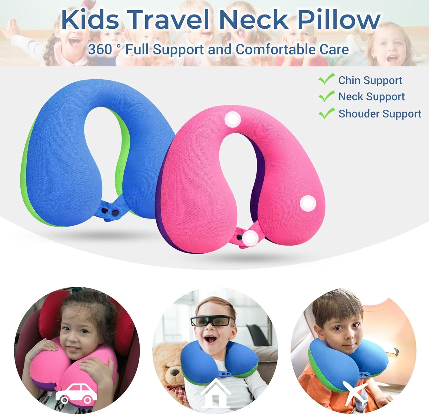 COOLBEBE Kids Travel Neck Pillow 2PCS Blue Green Pink Purple