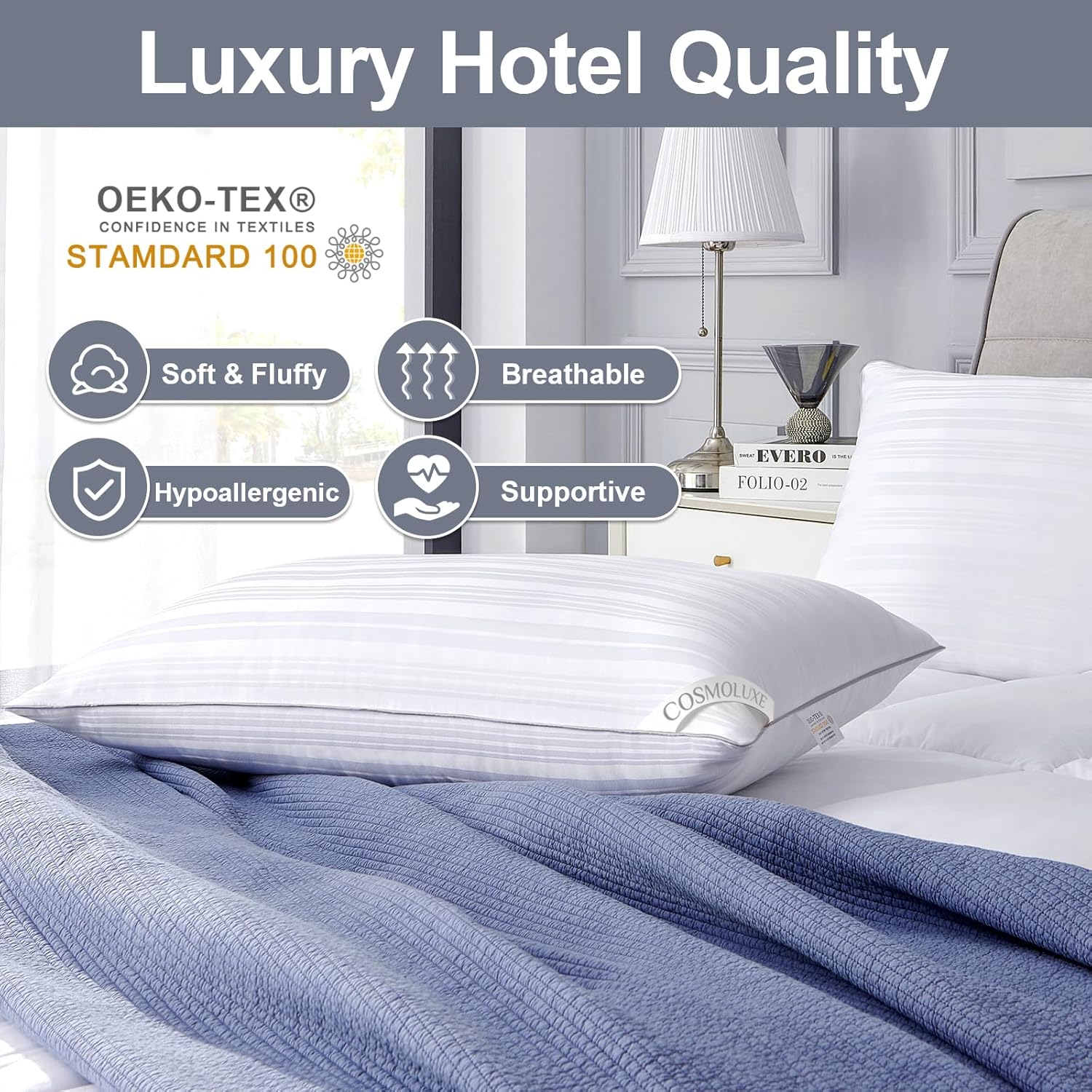 Cosmoluxe Hotel Bed Pillows 2 Pack for Back and Side Sleepers