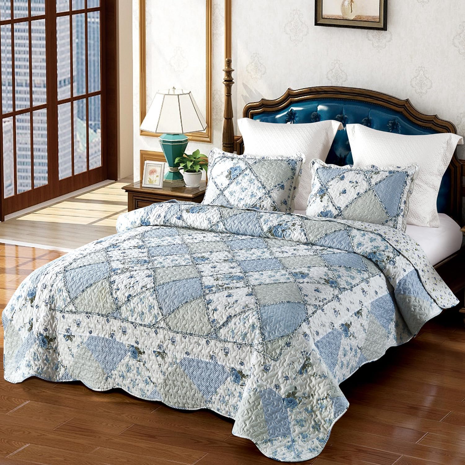 VIVILINEN Blue Floral Patchwork Quilt Set 1