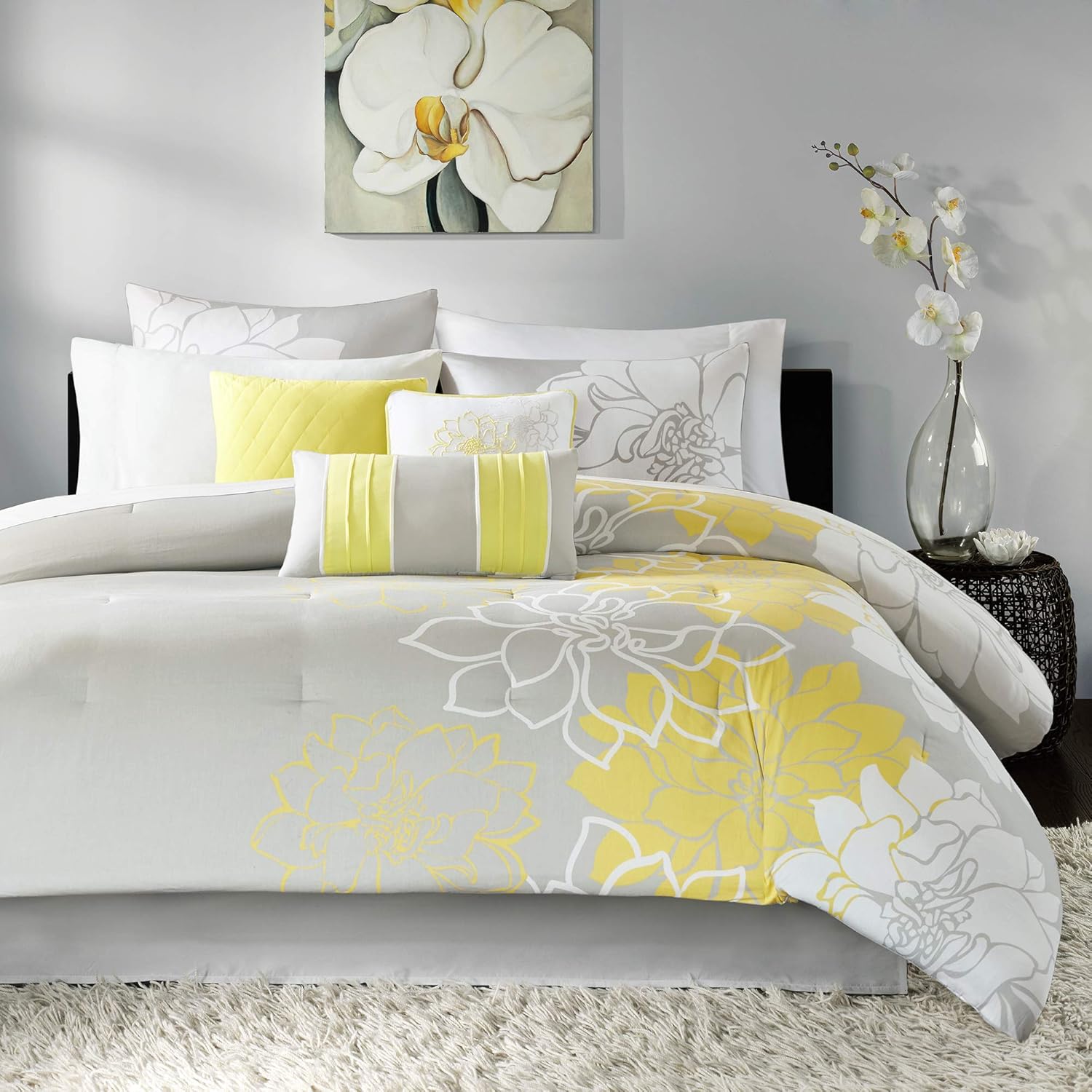 Madison Park Lola Sateen Comforter Set 7 Piece Grey Yellow
