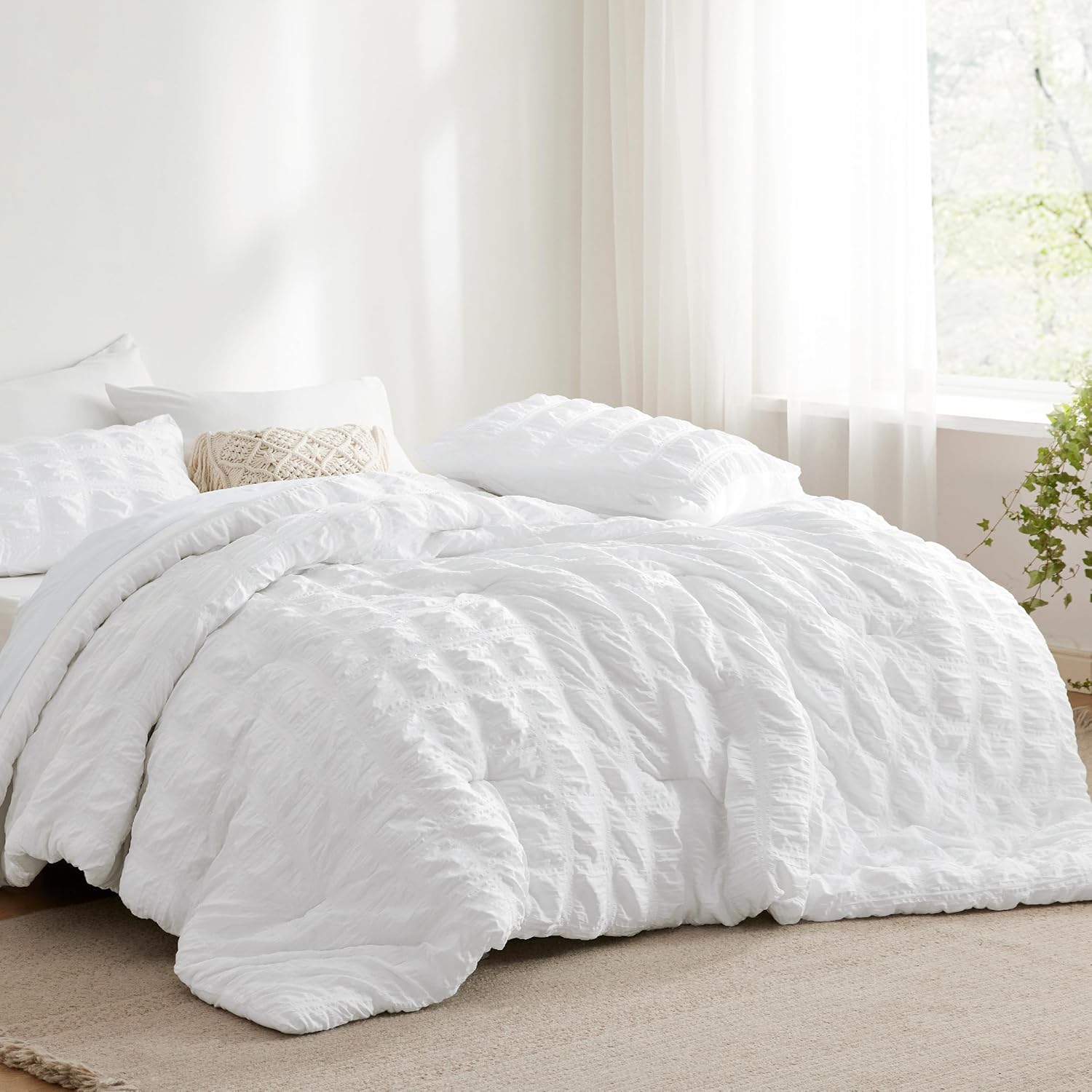 Bedsure Bed in a Bag Twin - 5 Piece Plaid Seersucker Comforter Set