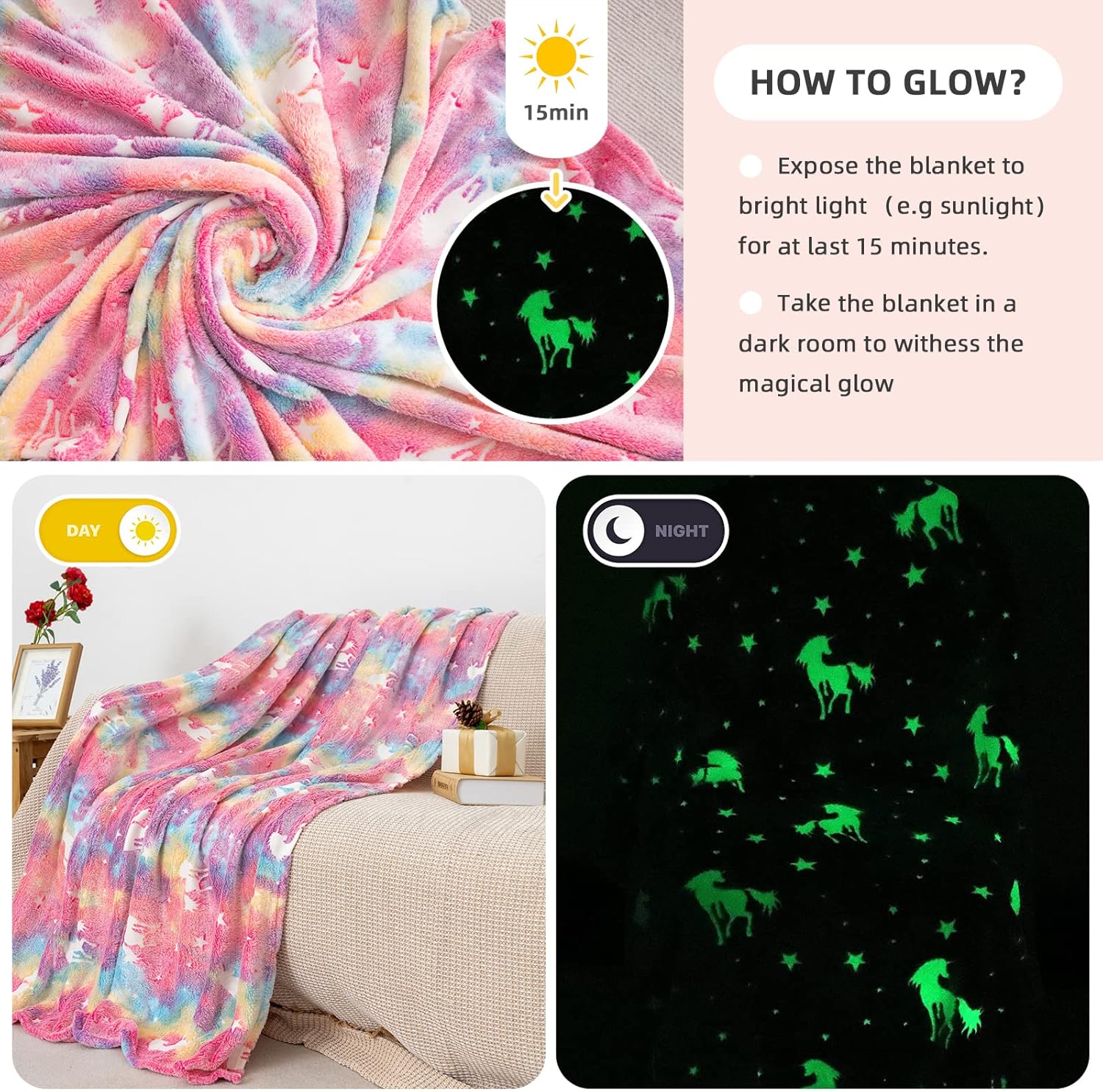 Glow in the Dark Unicorn Blanket 50x60 inch Flannel