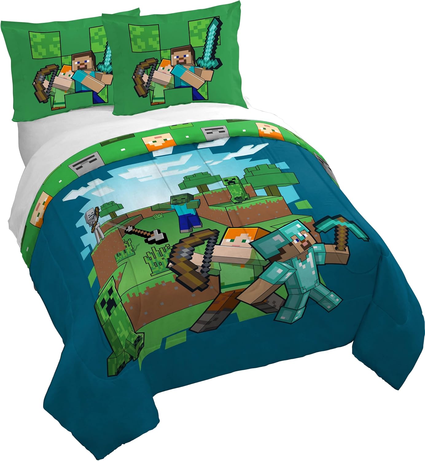 Jay Franco Minecraft Duvet Cover Set 3 Piece Kids Bedding Blue Queen