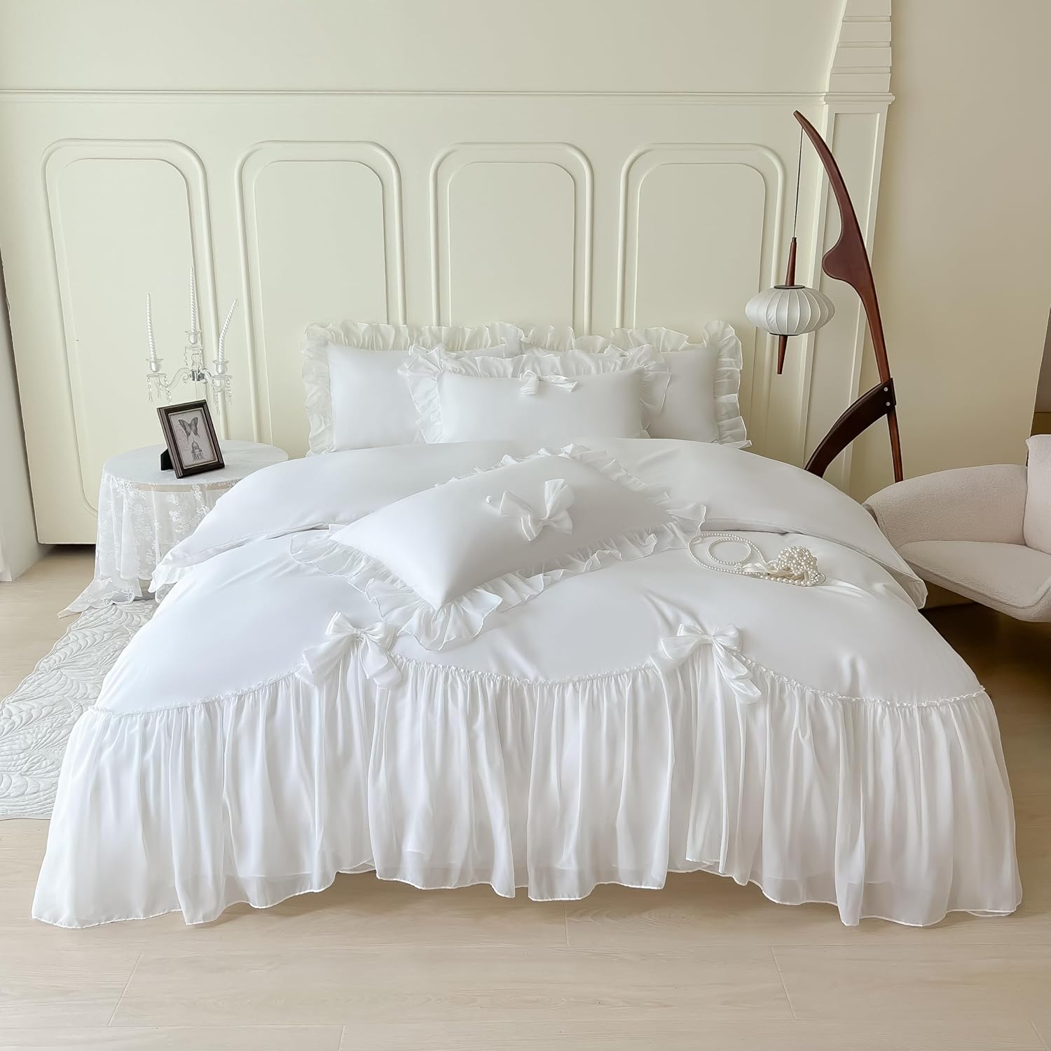 SOUKECHY Chic Lace Duvet Cover Set with Bow and Zipper - White Twin