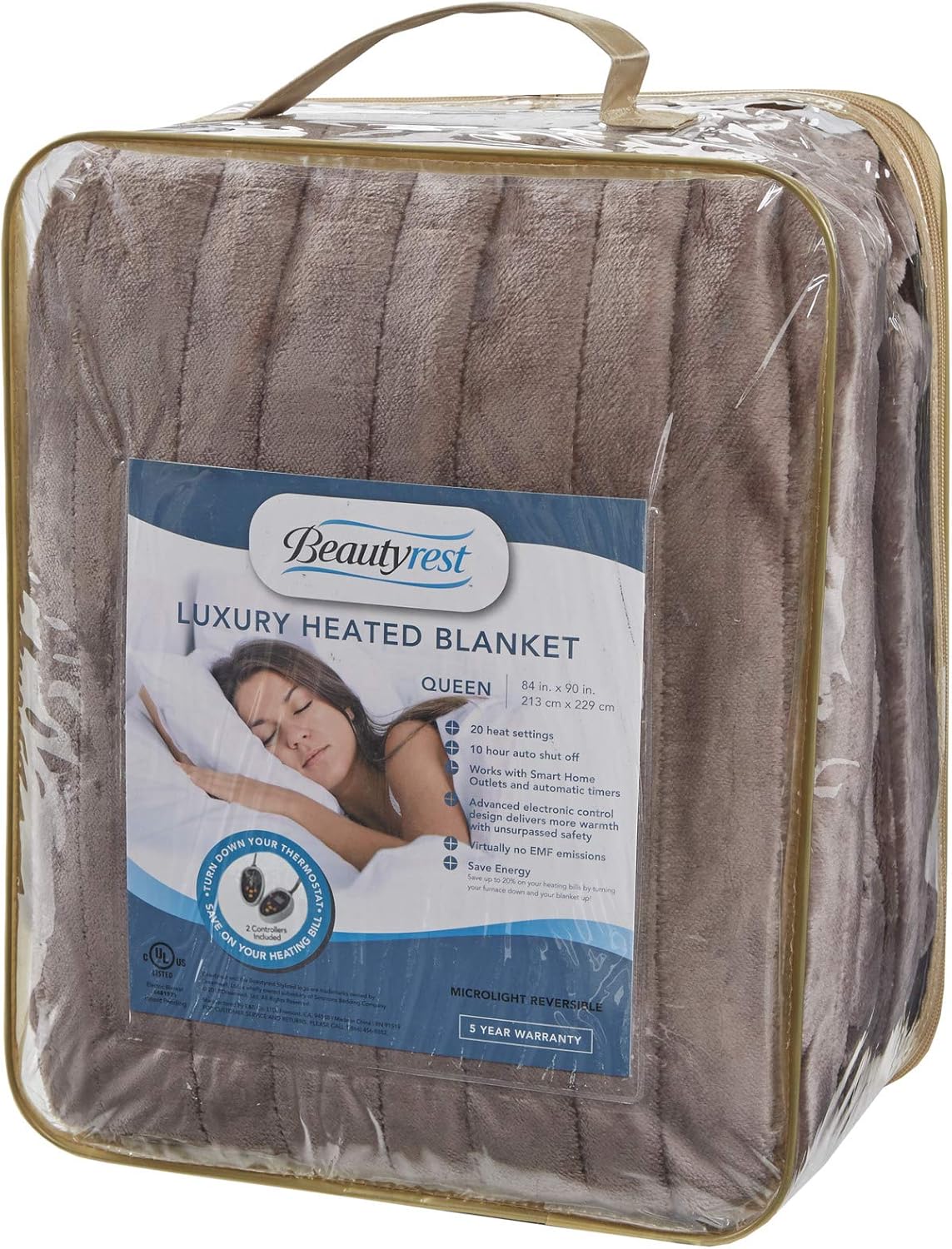 Beautyrest Heated Plush Electric Blanket - 20 Heat Levels Queen Size Lavender