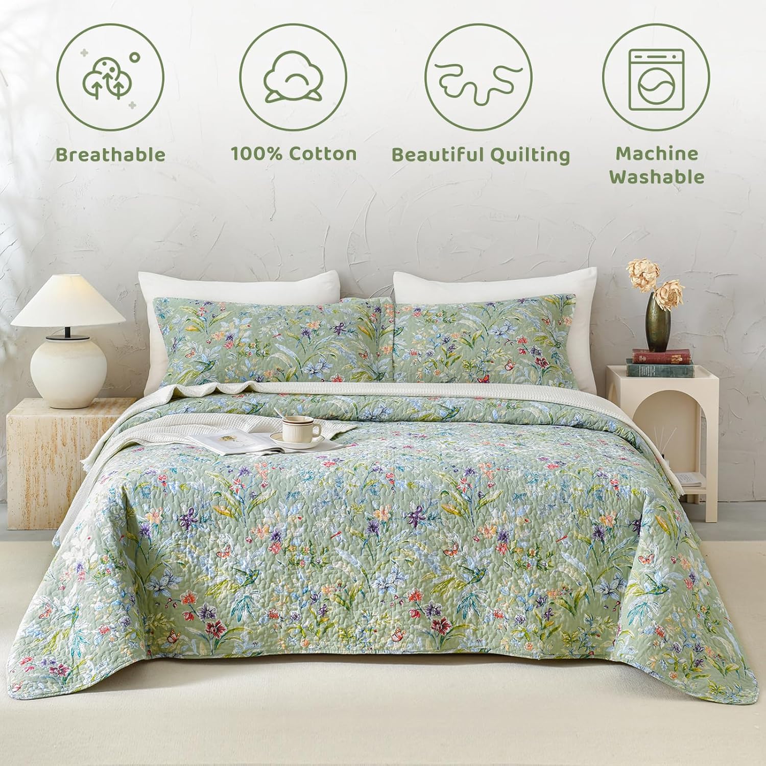 Sanracie Floral Quilt Set - 3pcs Cotton King Size