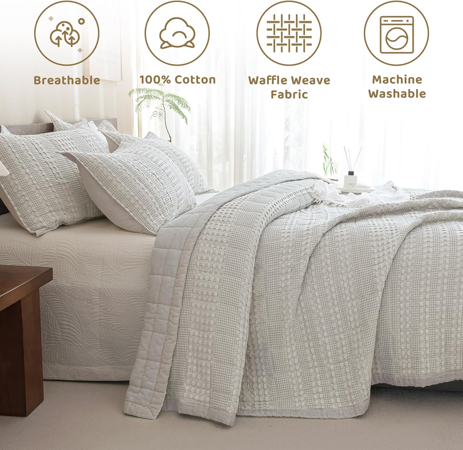 Sanracie 100 Cotton Oversized Queen Bedspread Set Khaki Waffle Weave 1
