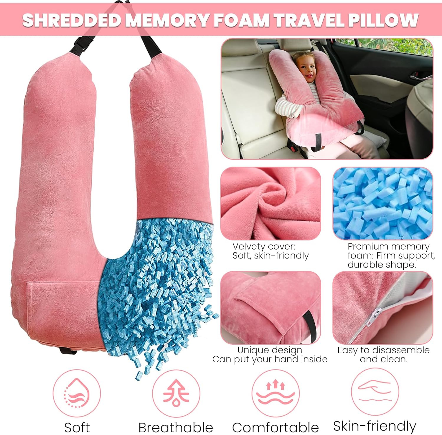 MOAOO Travel Pillow for Kids and Adults Pink