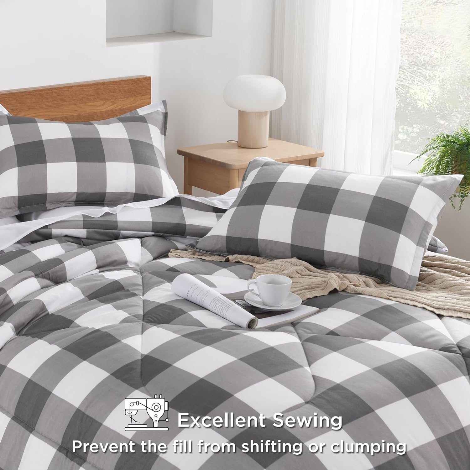 Andency Grey Queen Plaid Comforter Set 3 Piece