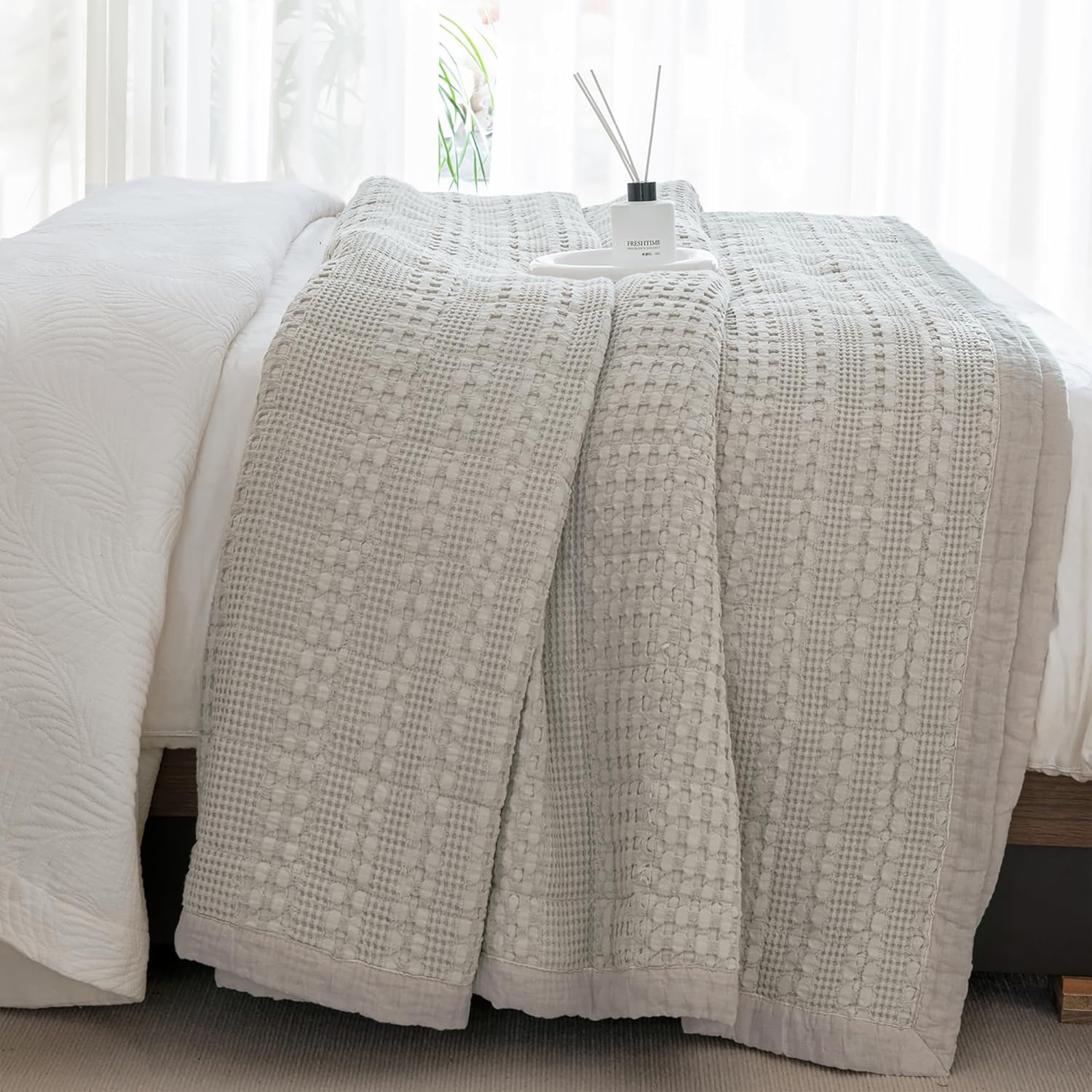 Sanracie 100 Cotton Oversized Queen Bedspread Set Khaki Waffle Weave 1