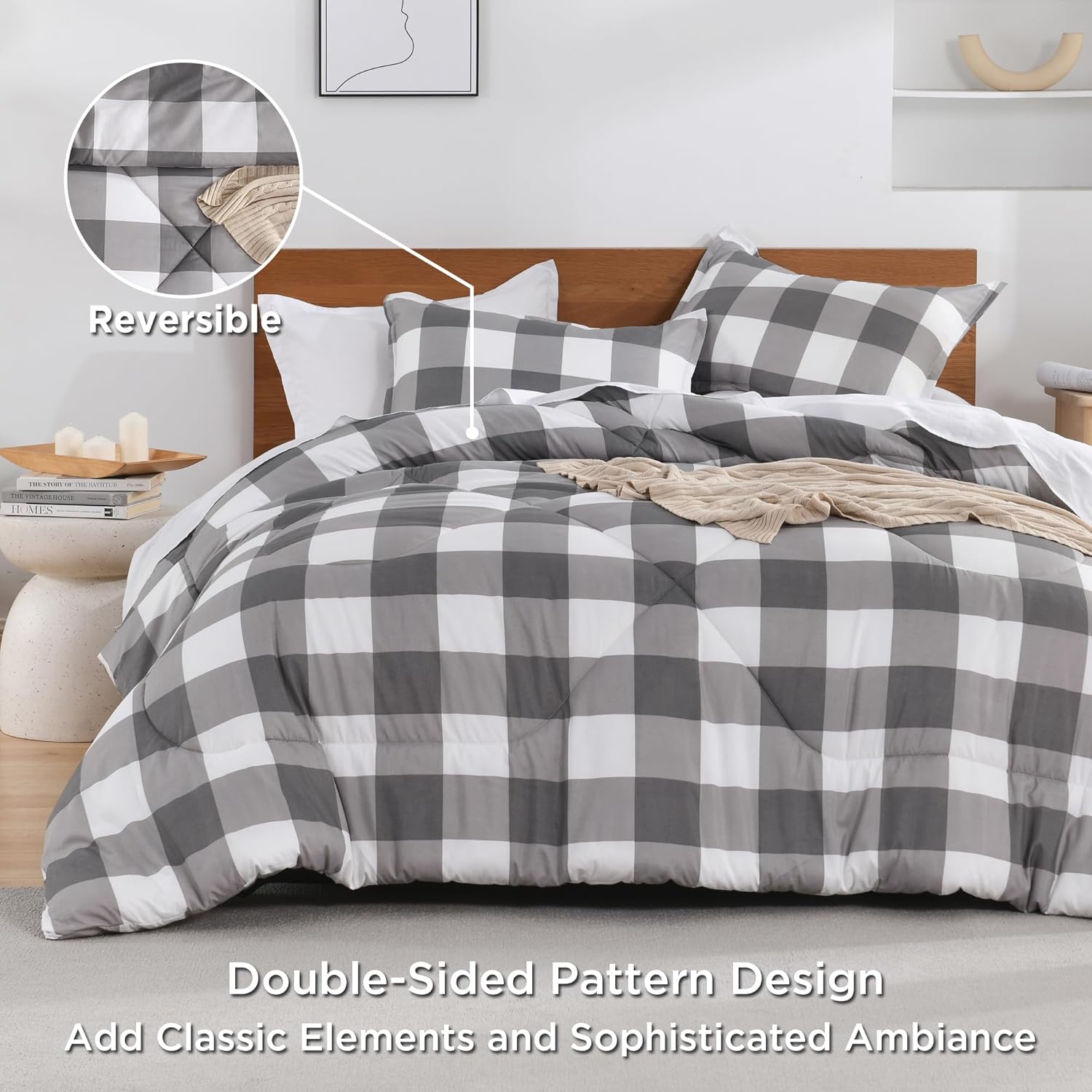 Andency Grey Queen Plaid Comforter Set 3 Piece